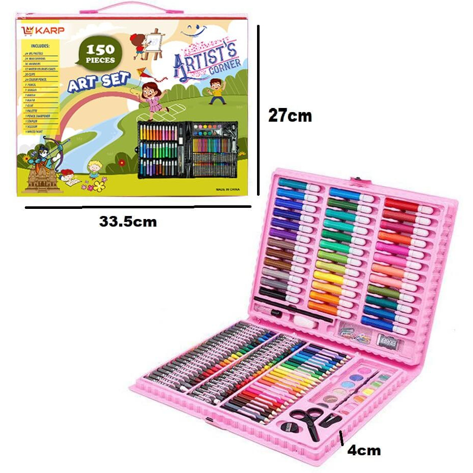 Shuban Plastic Deluxe Art Set Box & Drawing Kit with Crayons, Oil Pastels, Colored Pencil Best Rakhi Gift (150Pcs -Pink)