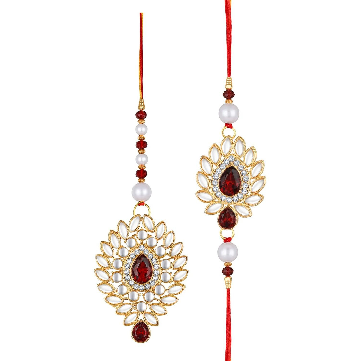 Mahi Gold Plated Red & White Crystals and Beads Leaf Shape Rakhi for Men and Women (RCLO1105435G)