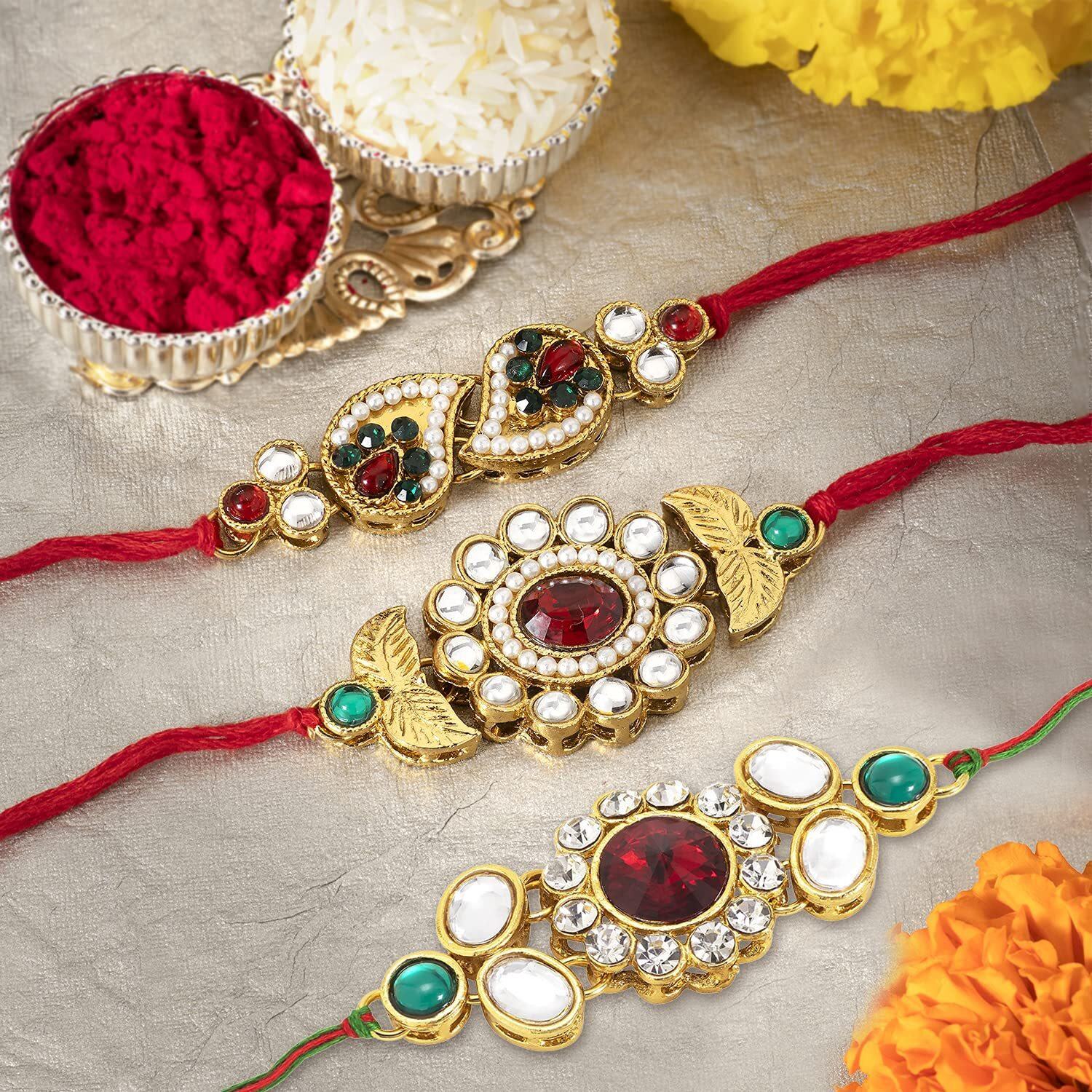 Peora Royal Kundan and Crystal Gold Rakhi ( Bracelet ) for Brother, Combo Set of 3 with Raksha Bandhan Greeting Card and Roli Chawal For Men