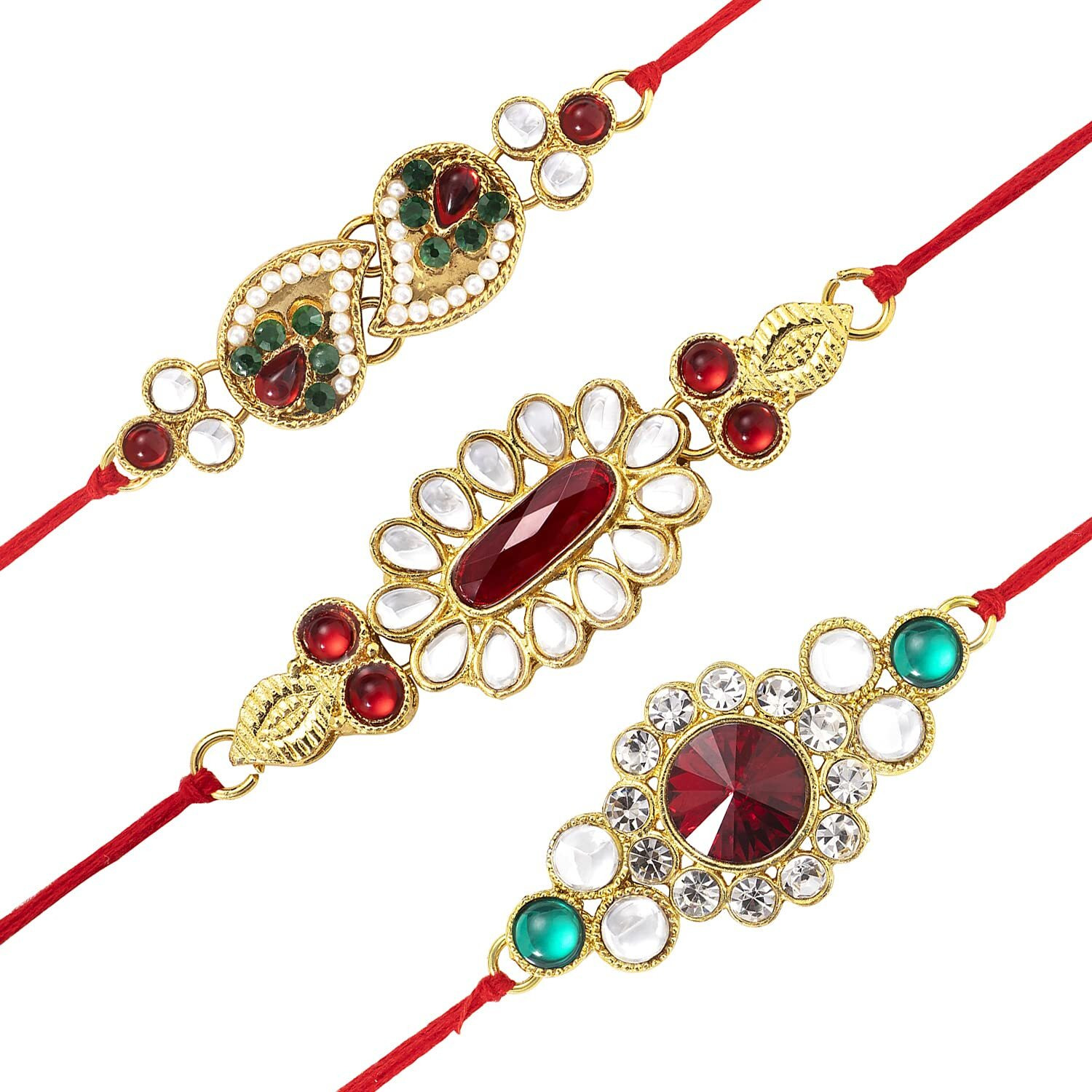 Peora Royal Kundan and Crystal Gold Rakhi ( Bracelet ) for Brother, Combo Set of 3 with Raksha Bandhan Greeting Card and Roli Chawal For Men