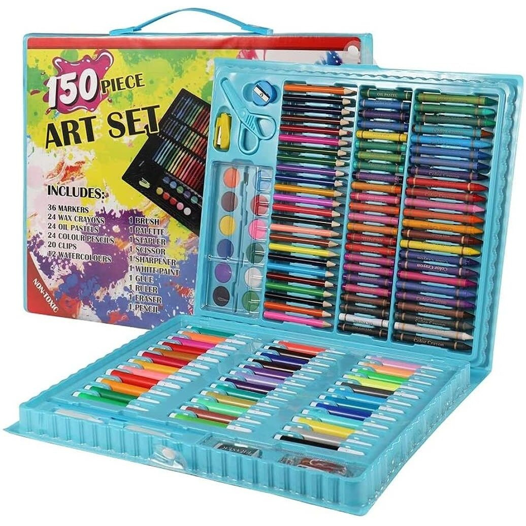 Shuban Deluxe Art Set Box & Drawing Kit with Crayons, Oil Pastels, Colored Pencil Best Rakhi Gift (150Pcs -Blue)