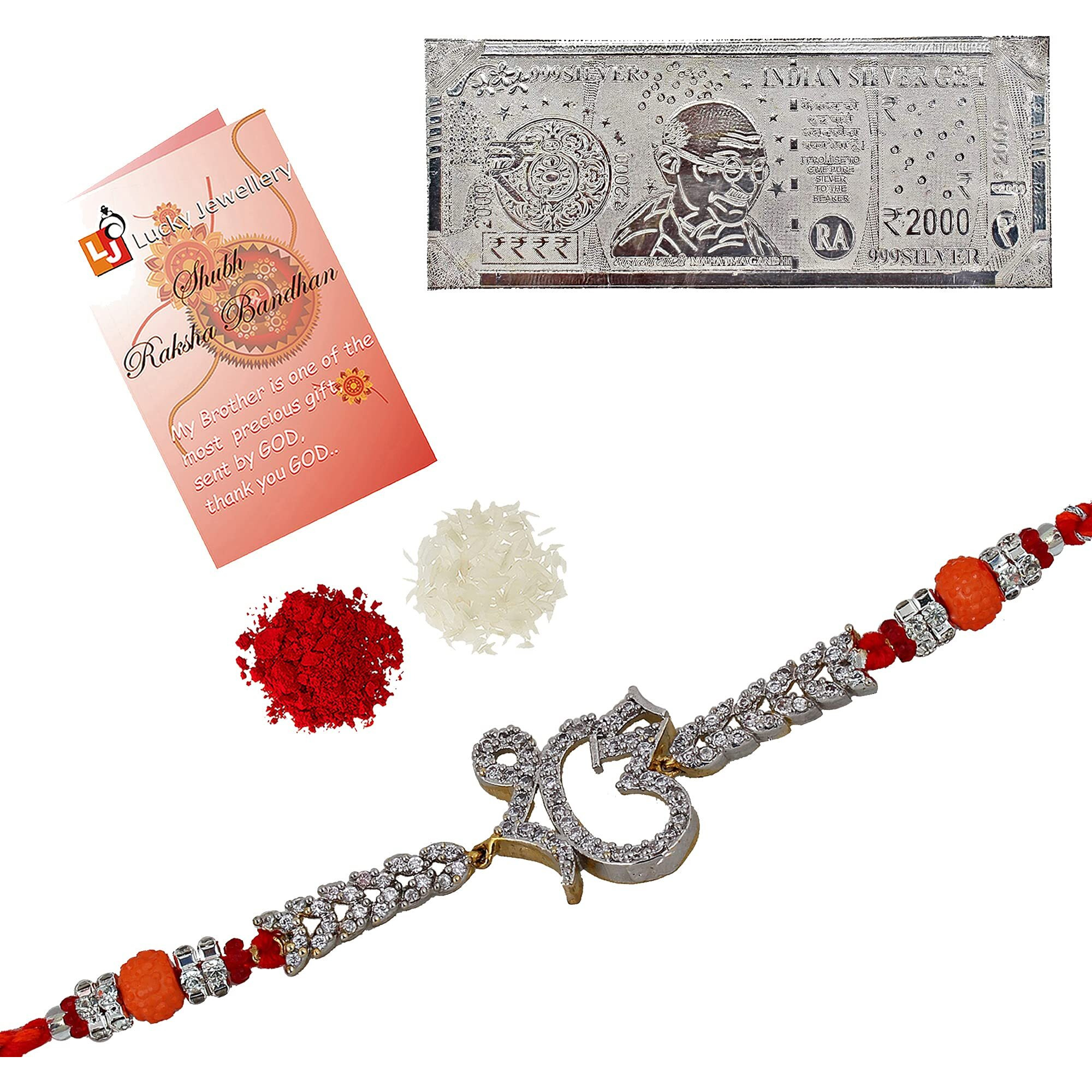 Lucky Jewellery 18 K Gold Plated American Diamond AD 99.99 Silver Pure Chandi Two Thousand Rupee Note Ek/Ik Onkar Sardar Khanda Rakhi Sikh Bracelet for Men & Women (660-S5R1-8979-1N)