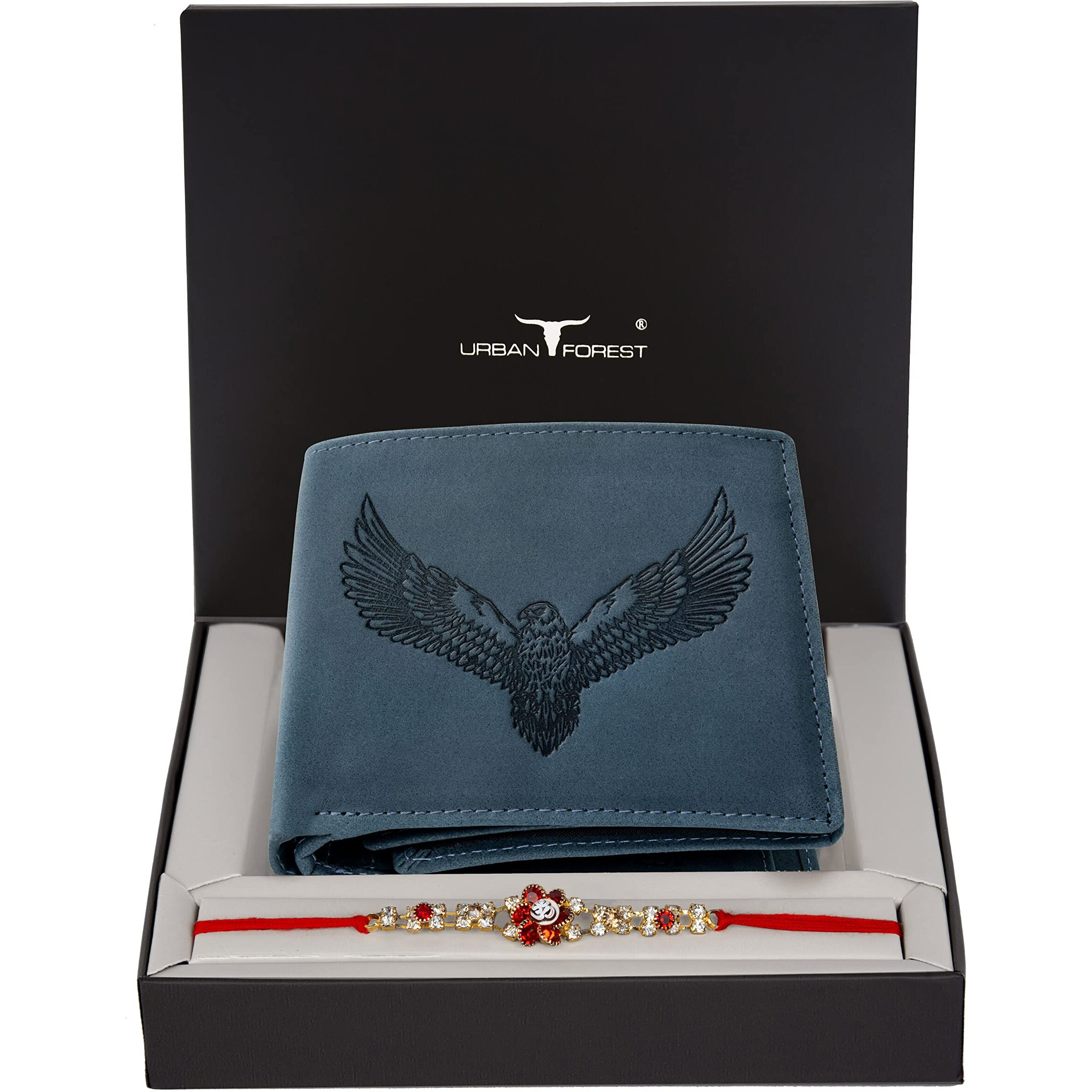 URBAN FOREST Rakhi Gift Hamper for Brother - Vintage Blue Mens Leather Wallet and Rakhi Combo Gift Set for Brother - 4579