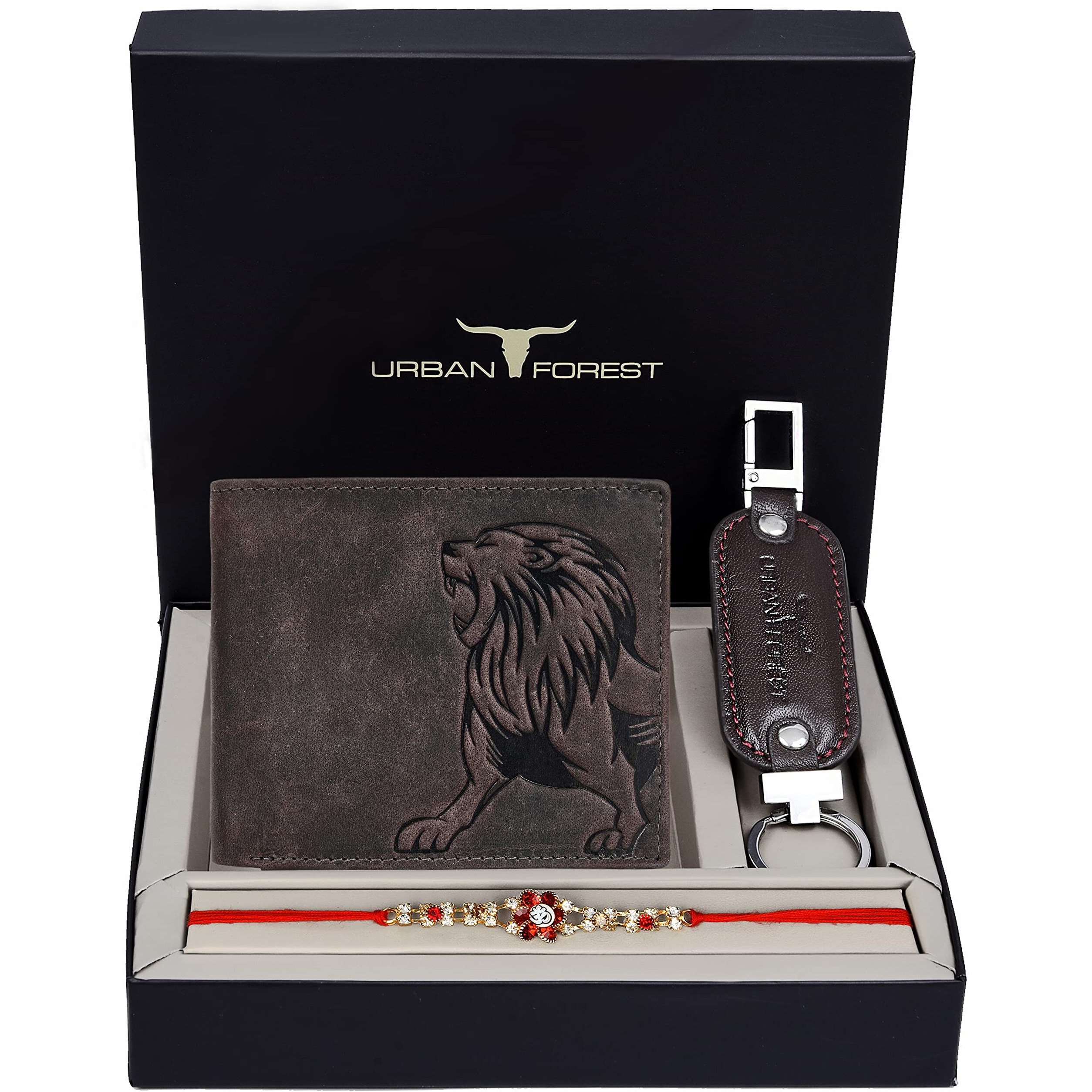 URBAN FOREST Rakhi Gift Hamper for Brother - Vintage Brown Mens Leather Wallet, Brown Keyring and Rakhi Combo Gift Set for Brother - 4702