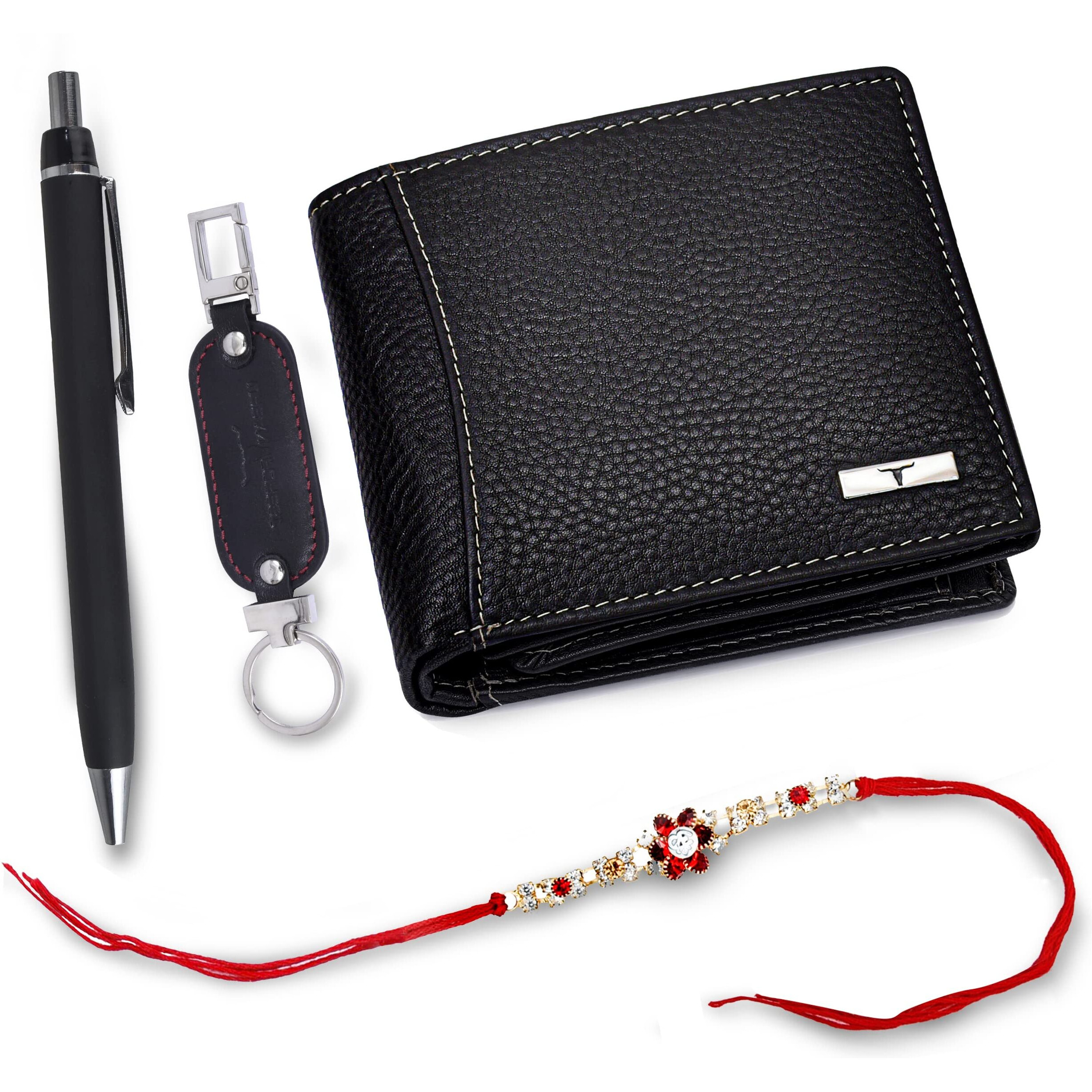 URBAN FOREST Rakhi Gift Hamper for Brother - Classic Black Mens Leather Wallet, Black Keyring, Pen and Rakhi Combo Gift Set for Brother - 4700