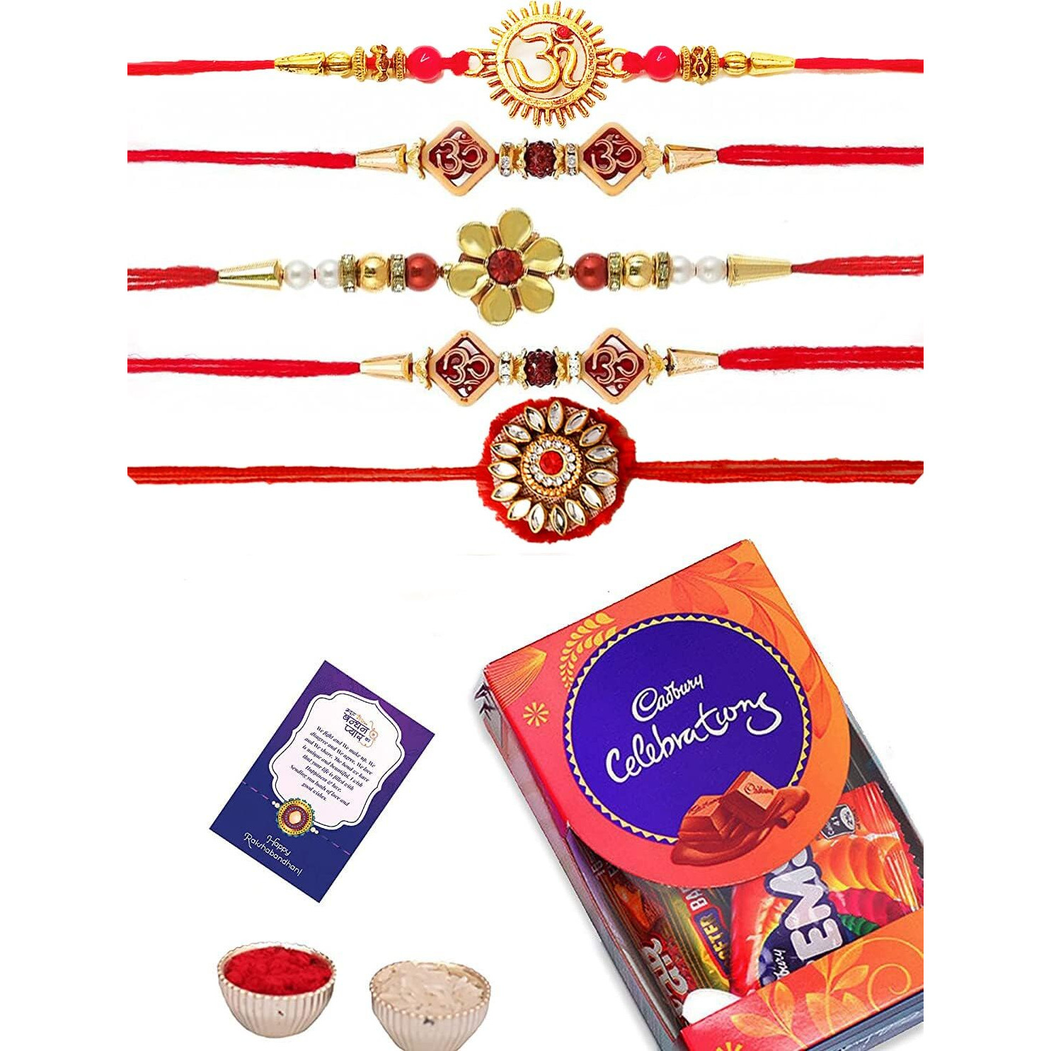 Rakhi Set of 5 with Chocolate | Rakhi for Brother Combo with Gift, Rakhi Gift for Brother Rakhi with Chocolate For Bhai Bhabhi Kids, Rakshabandhan Gifts for Brother with Rakhi Rakhi Set of 5 with Greeting Card, Tilak Set