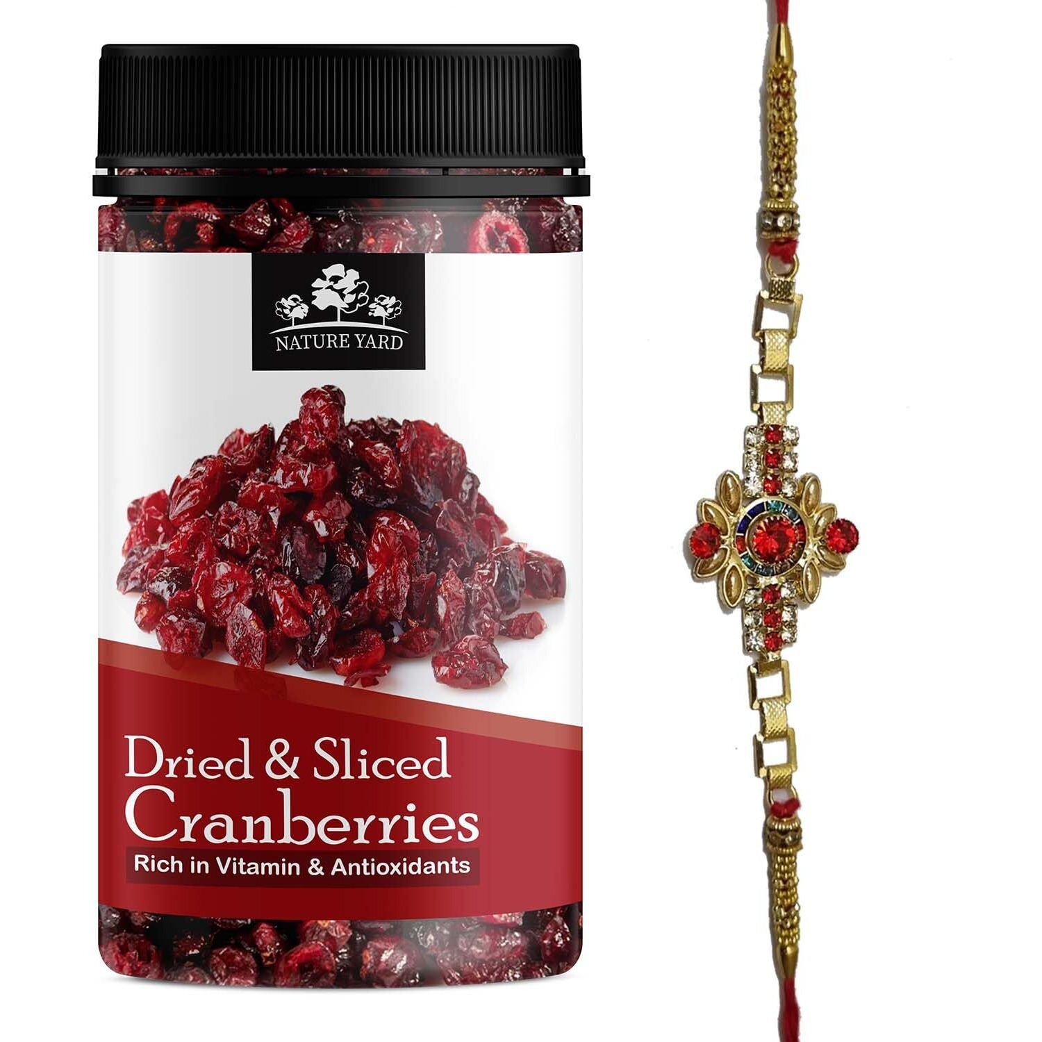 NATURE YARD Dried & Slices Cranberry - 250gm - Rakhi Gift For Brother- Designer Red Stone Rakhi Gifting Set (250gm + 1 Rakhi)