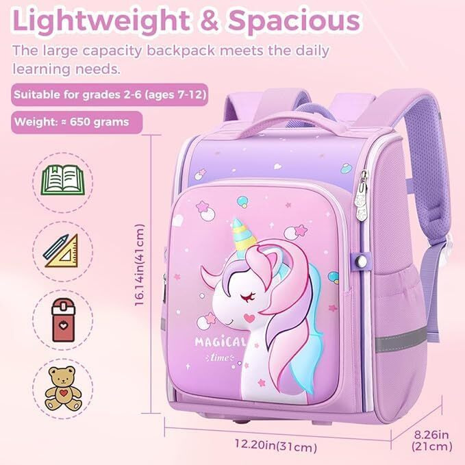 VODIQ Multicolor Backpack for Kids Girls Stylish Durable Water Resistant Backpack Shoulder School Bags for Girls Kids 6-12 Years Old Birthday & Rakhi Festival Gift (Unicorn_Bag)