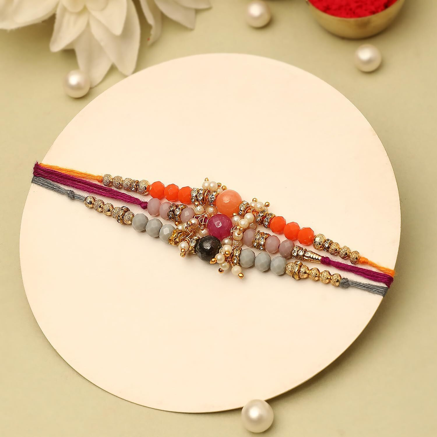 The Purple Tree Designer Pearl and Glass Beads Dora Rakhi Combo For Brother with Greeting Card and Roli Chawal (3 Rakhi), Rakhi for bhai, Rakshabandhan Gift combo, Best Gift For Brother