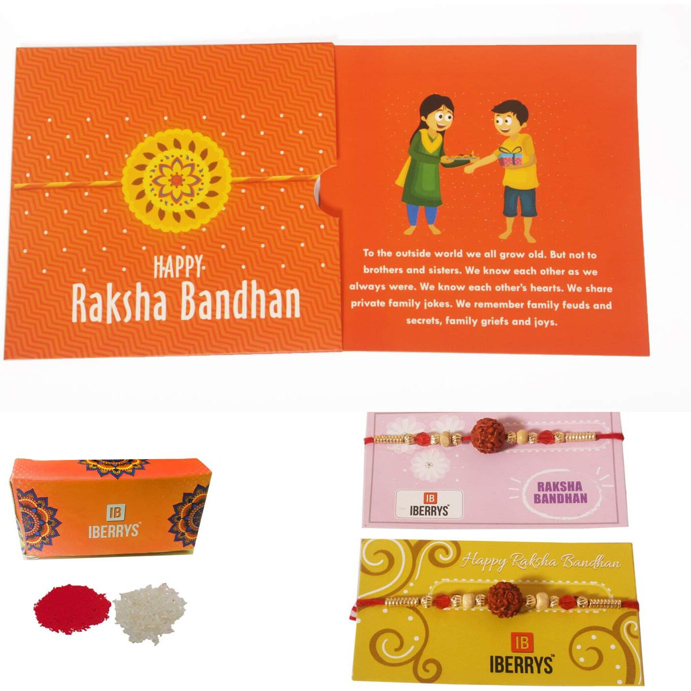 iberrys Rakhi Gift Pack with Set of 2 Rudraksh Rakhi, Greeting Card and Roli Chawal for Brother| rakhi for brother with Branded Packaging