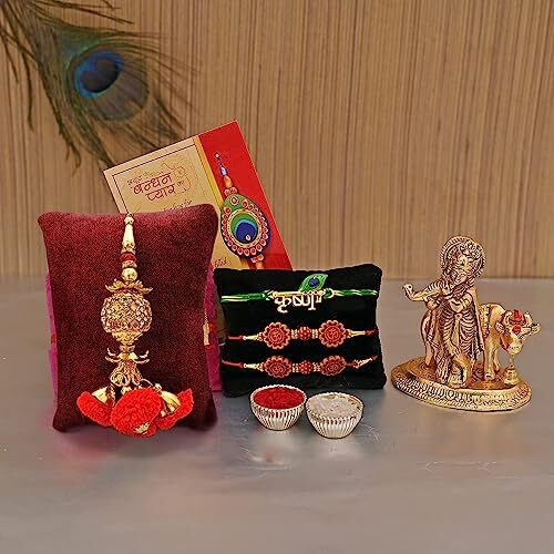 Collectible India Rakhi Gift for Brother - Rakshabandhan Rakhi Gifts Combo Set - Rakhi for Bhaiya Bhabhi - Beautiful Krishna Idol Showpiece,Shri Nath Ji Rakhi,Lumba Rakhi,Greeting Card