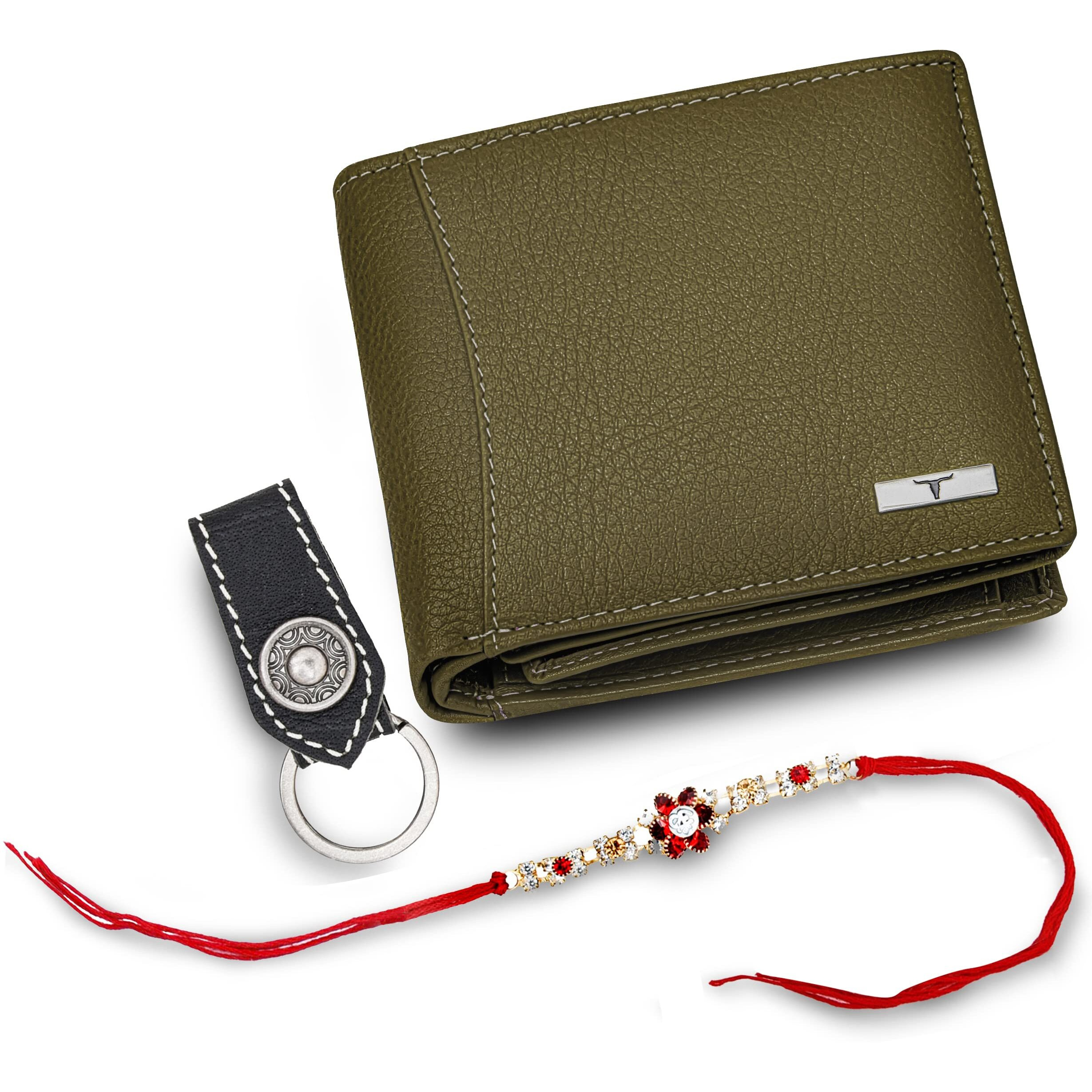 URBAN FOREST Rakhi Gift Hamper for Brother - Classic Olive Green Leather Wallet, Keychain & Rakhi Combo Gift Box - 4769