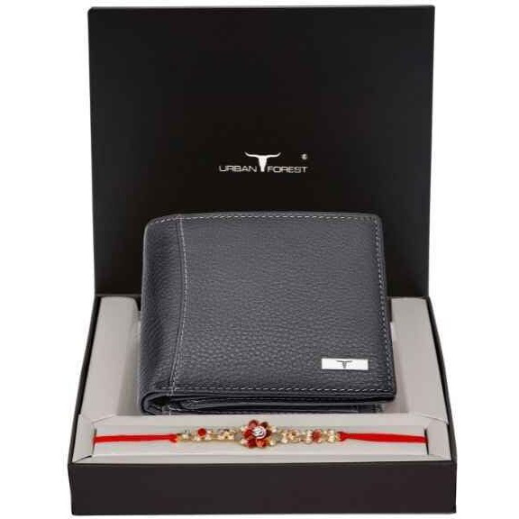 URBAN FOREST Rakhi Gift Hamper for Brother - Classic Grey Mens Leather Wallet and Rakhi Combo Gift Set for Brother - 4522