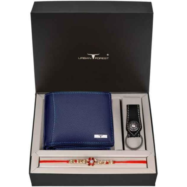 URBAN FOREST Rakhi Gift Hamper for Brother - Classic Blue Mens Leather Wallet, Black Keyring and Rakhi Combo Gift Set for Brother - 4548