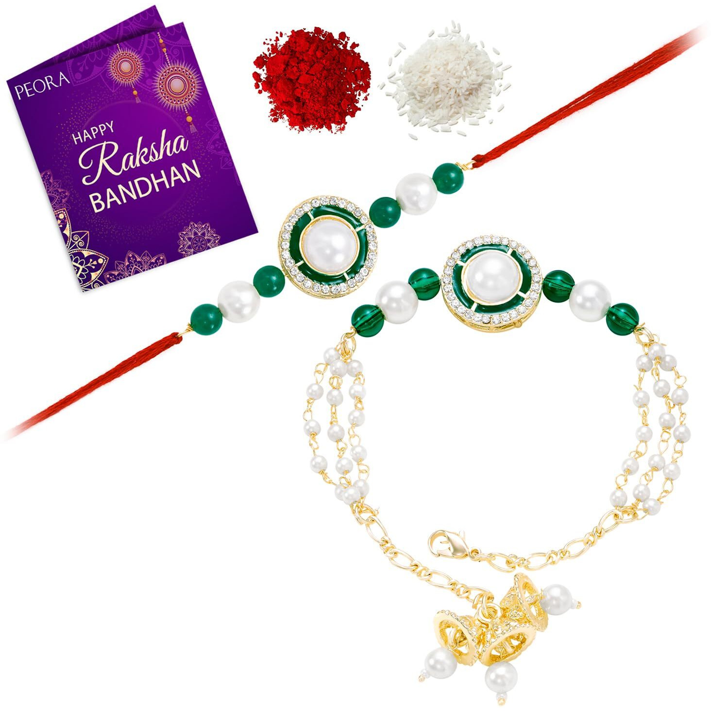 Peora Traditional Legacy of Rakshabandhan with Pearl Rakhi for Bhaiya Bhabhi, for Brother & Sister in Law, Green