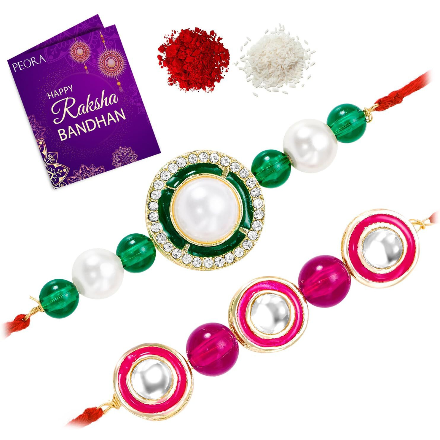 Peora Traditional Legacy of Rakshabandhan with Kundan & Pearl Rakhi for Brother, Green & Rani Pink, Set of 2