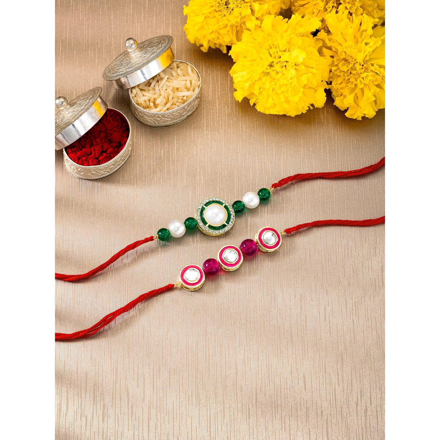 Peora Traditional Legacy of Rakshabandhan with Kundan & Pearl Rakhi for Brother, Green & Rani Pink, Set of 2