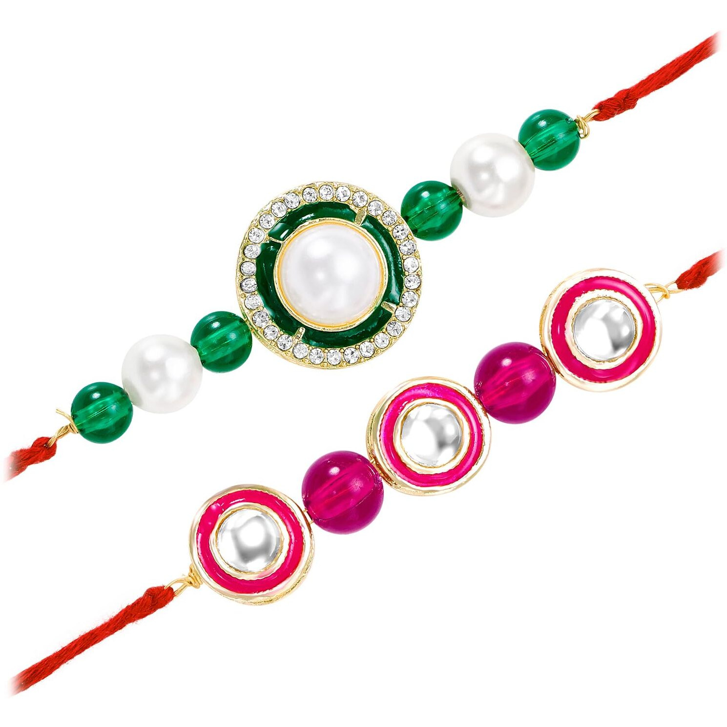 Peora Traditional Legacy of Rakshabandhan with Kundan & Pearl Rakhi for Brother, Green & Rani Pink, Set of 2