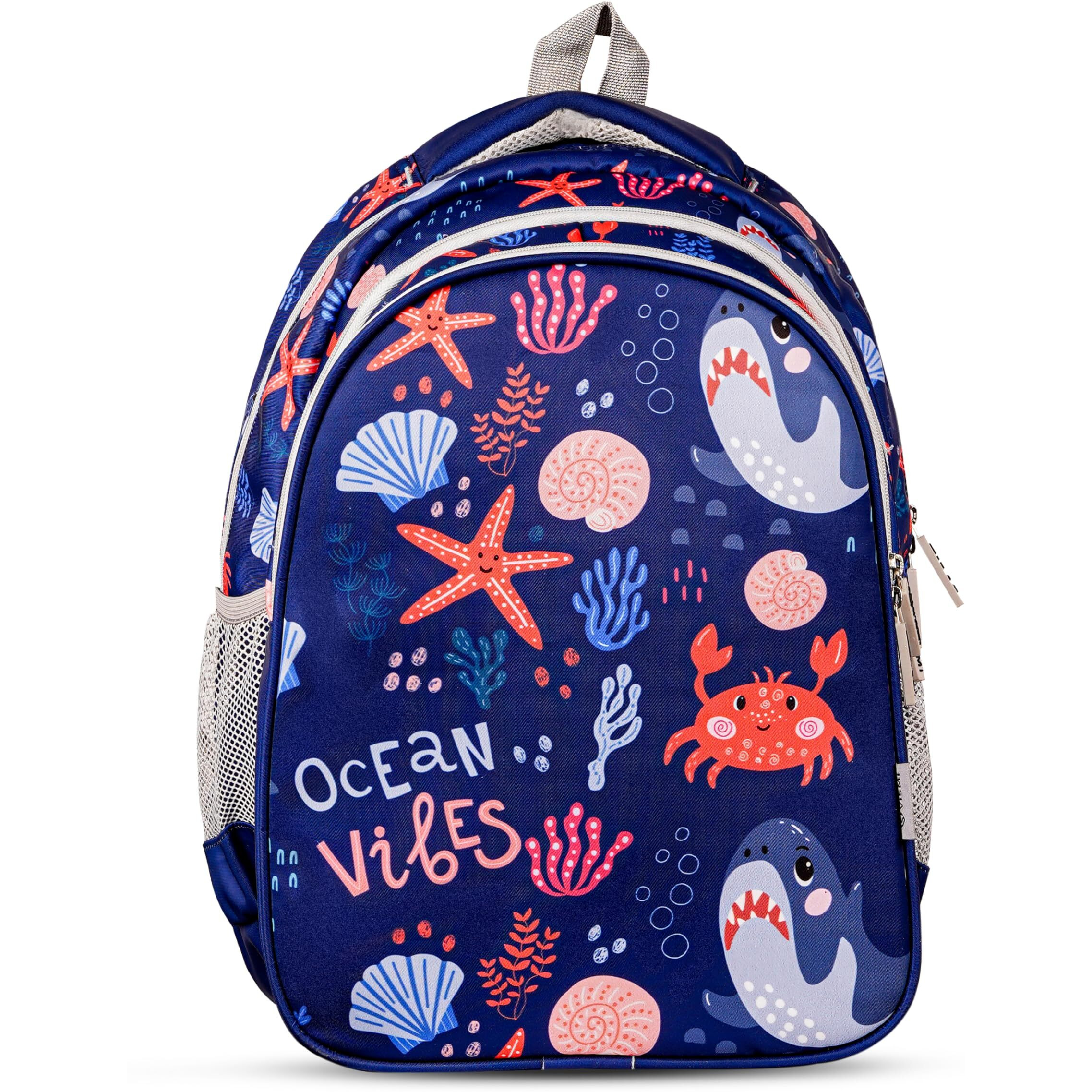 VISMIINTREND Customized School Bags 16 Backpack for Kids Boys & Girls (5-10 Years)| Cartoon Print Daypack for Preschool, KG, Nursery, Picnic, Birthday, Rakhi gift for Sister/Brother (Ocean Vibes)