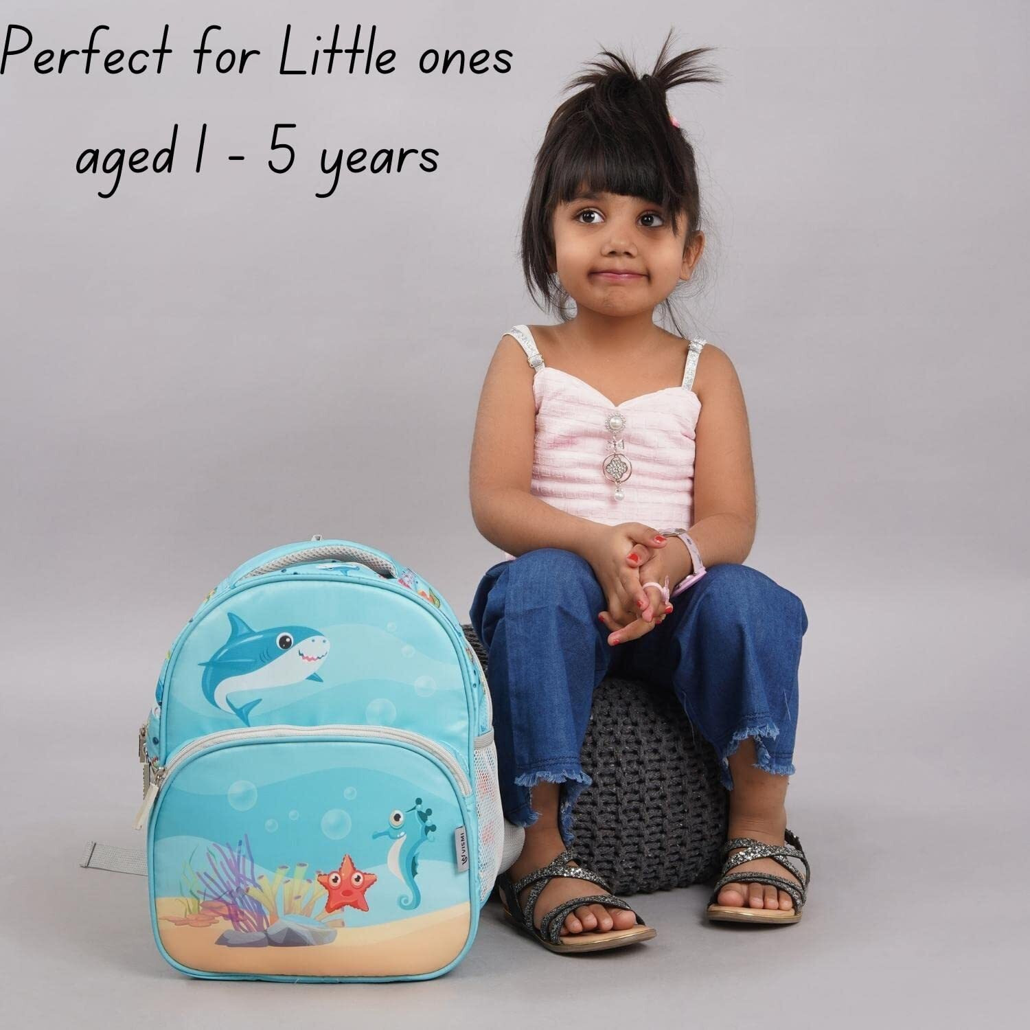 VISMIINTREND Customized School Bags 13 Backpacks for Kids Boys & Girls (1-4 Years) | Cartoon Print Daypack for Preschool, KG, Nursery, Tuition, Birthday, Rakhi gift for Sister/Brother (Baby Shark)