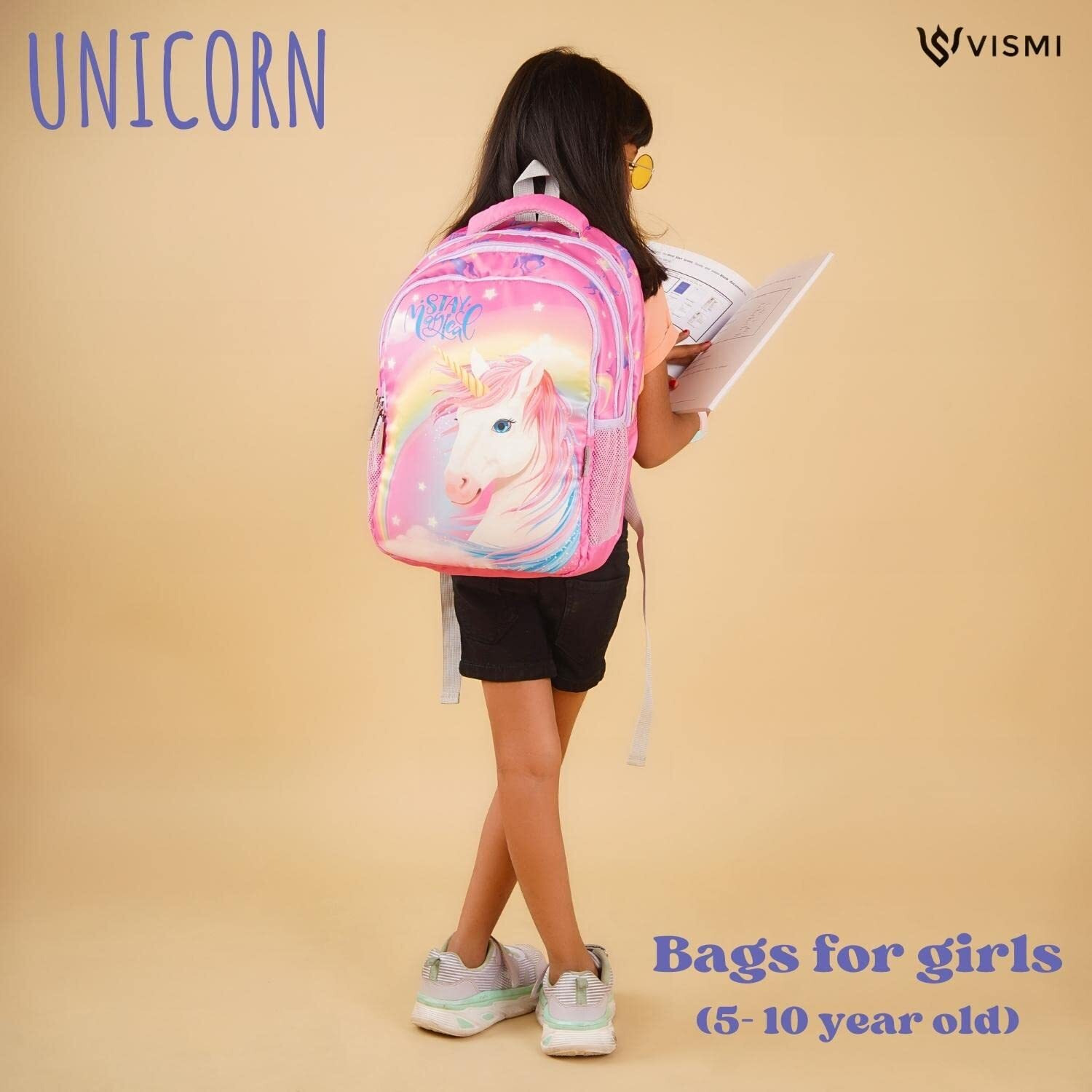 VISMIINTREND Customized School Bags 16 Backpack for Kids Boys & Girls (5-10 Years)| Cartoon Print Daypack for Preschool, KG, Nursery, Picnic, Birthday, Rakhi gift for Sister/Brother (Unicorn)