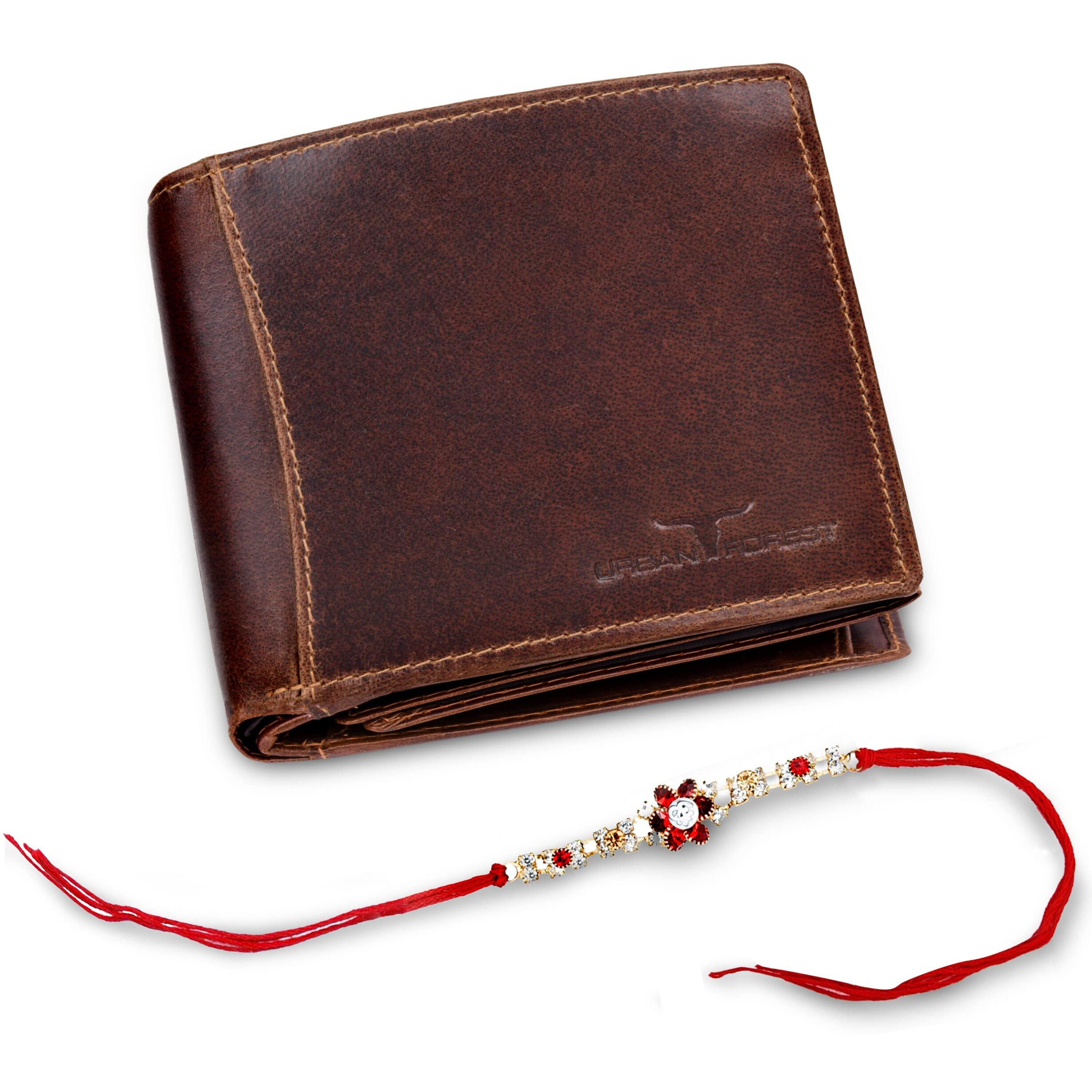 URBAN FOREST Rakhi Gift Hamper for Brother - Caramel Brown Leather Wallet & Rakhi Combo Gift Box - 4771