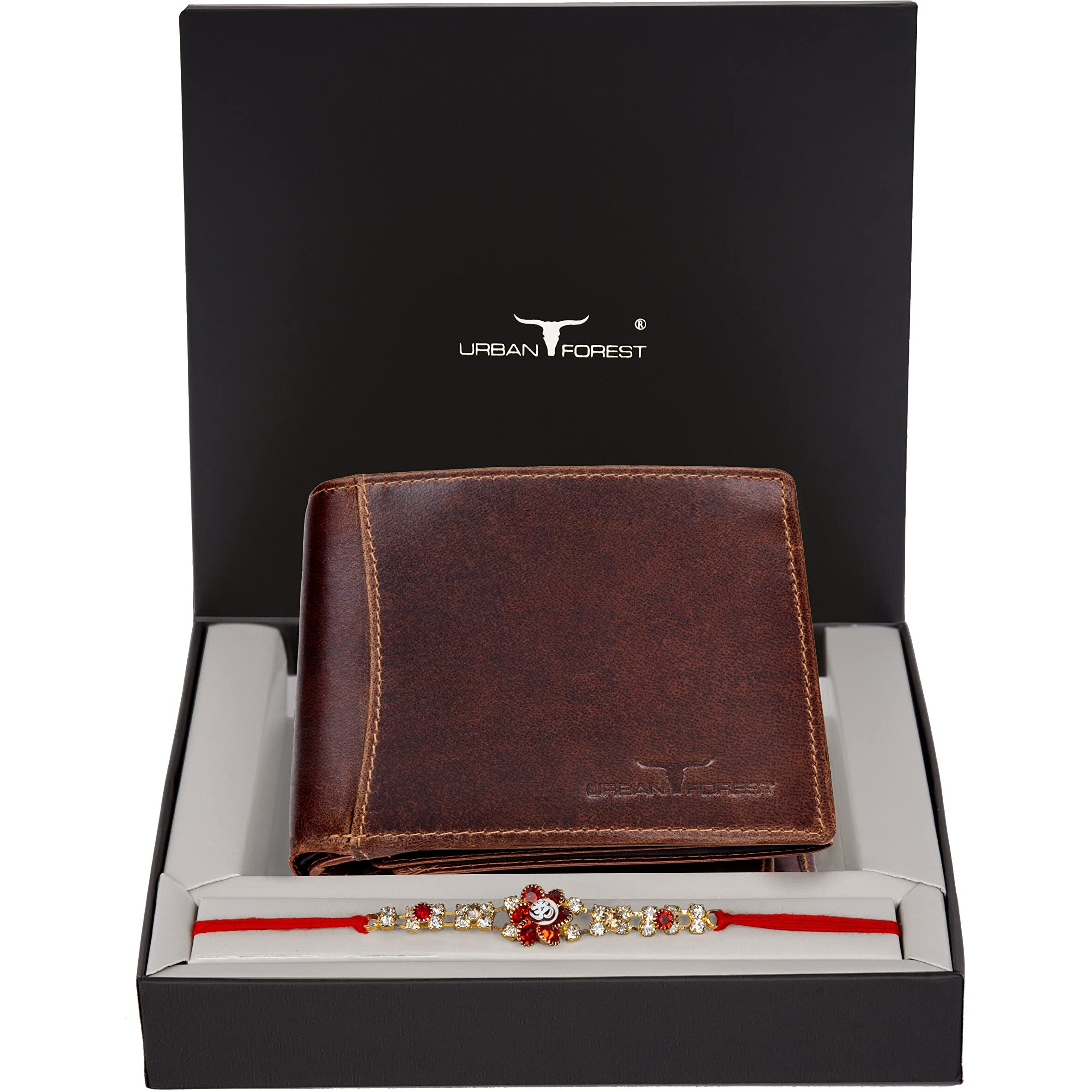 URBAN FOREST Rakhi Gift Hamper for Brother - Caramel Brown Leather Wallet & Rakhi Combo Gift Box - 4771