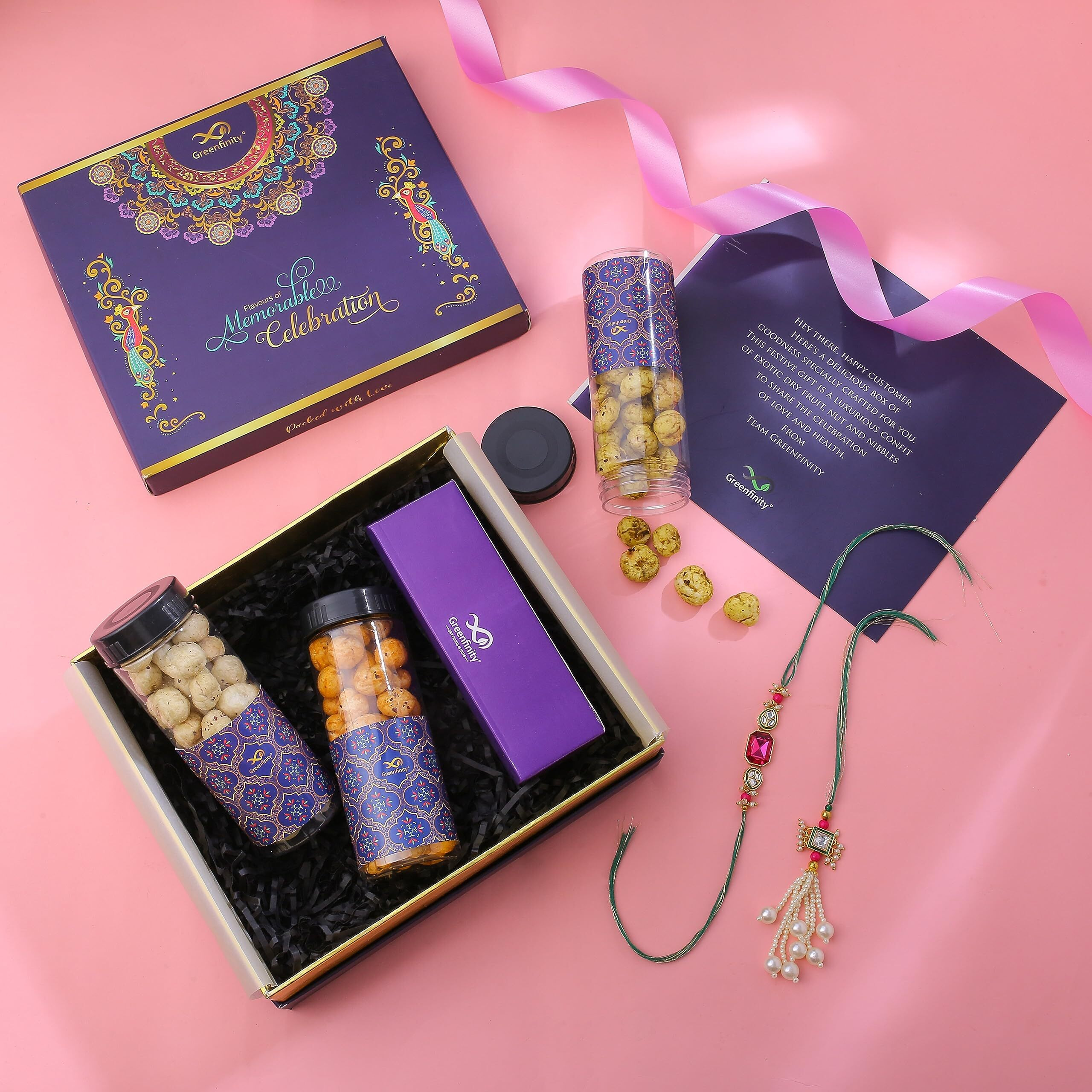 GreenFinity Rakhi for brother & bhabhi set of 2 Rakhi | Dry Fruits Gift Pack | Rakhi Gift Dry Fruits Combo Pack Purple Binge Box Roasted Makhana Collection Rakhi set Of 2.