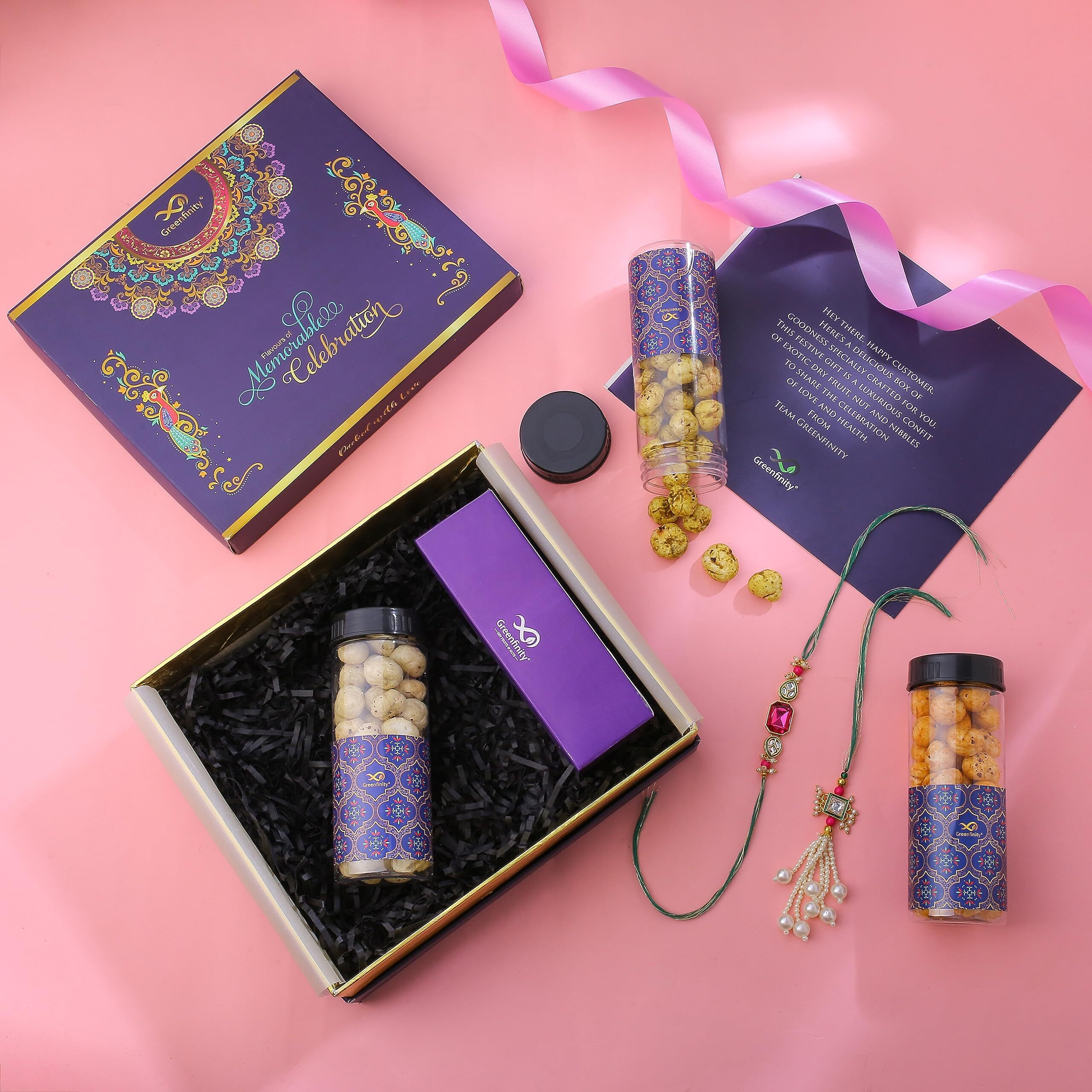 GreenFinity Rakhi for brother & bhabhi set of 2 Rakhi | Dry Fruits Gift Pack | Rakhi Gift Dry Fruits Combo Pack Purple Binge Box Roasted Makhana Collection Rakhi set Of 2.