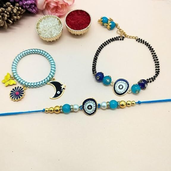 Alaukik Handmade Evil Eye Couple Rakhi with Girls Baby Designer Bracelet Protect From Negative Energy With Beads Rakhi for Brother/Sister set of 3 with Roli and Chawal