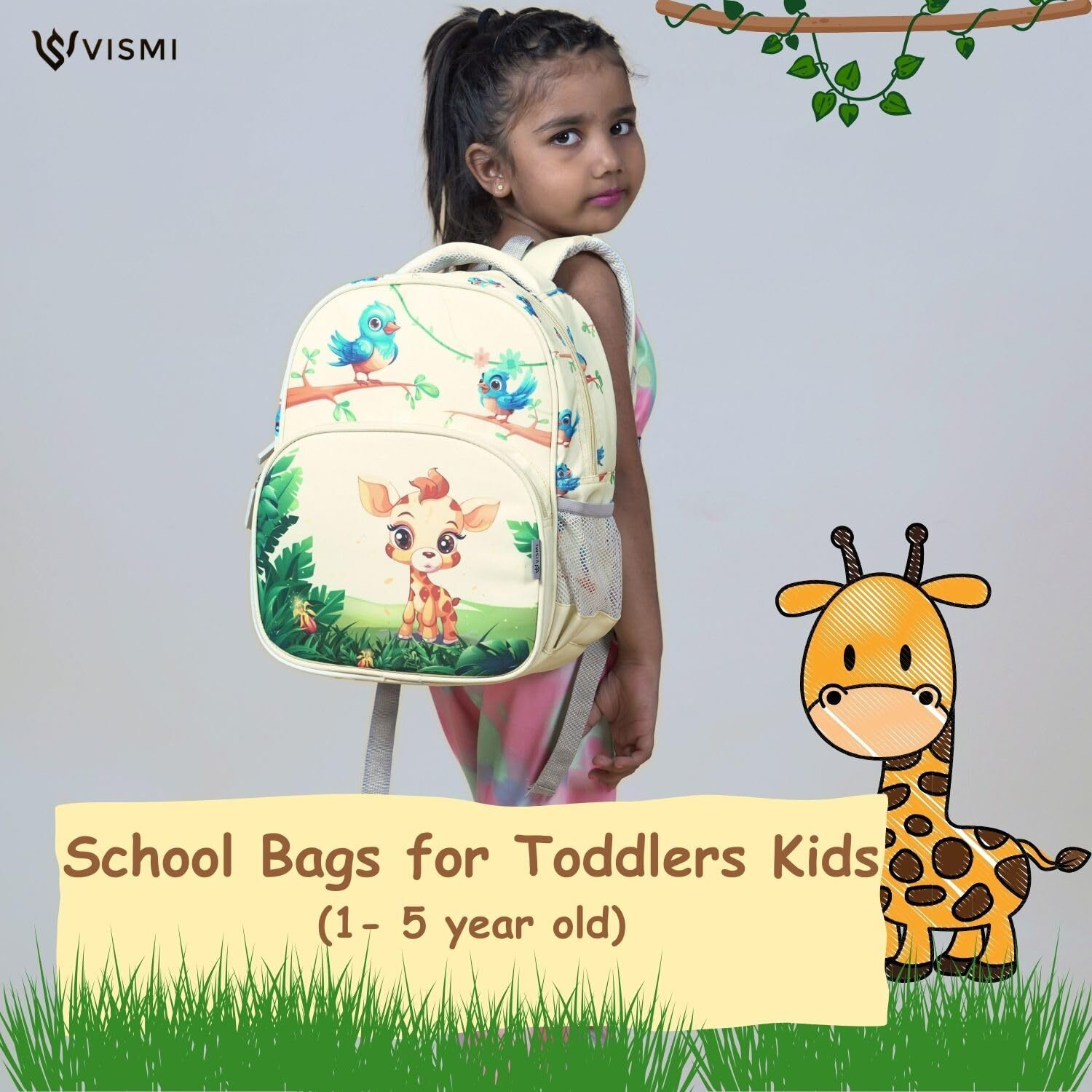 VISMIINTREND Customized School Bags 13 Backpacks for Kids Boys & Girls (1-4 Years)| Cartoon Print Daypack for Preschool, KG, Nursery, Tuition, Birthday, Rakhi gift for Sister/Brother (Jungle Safari)