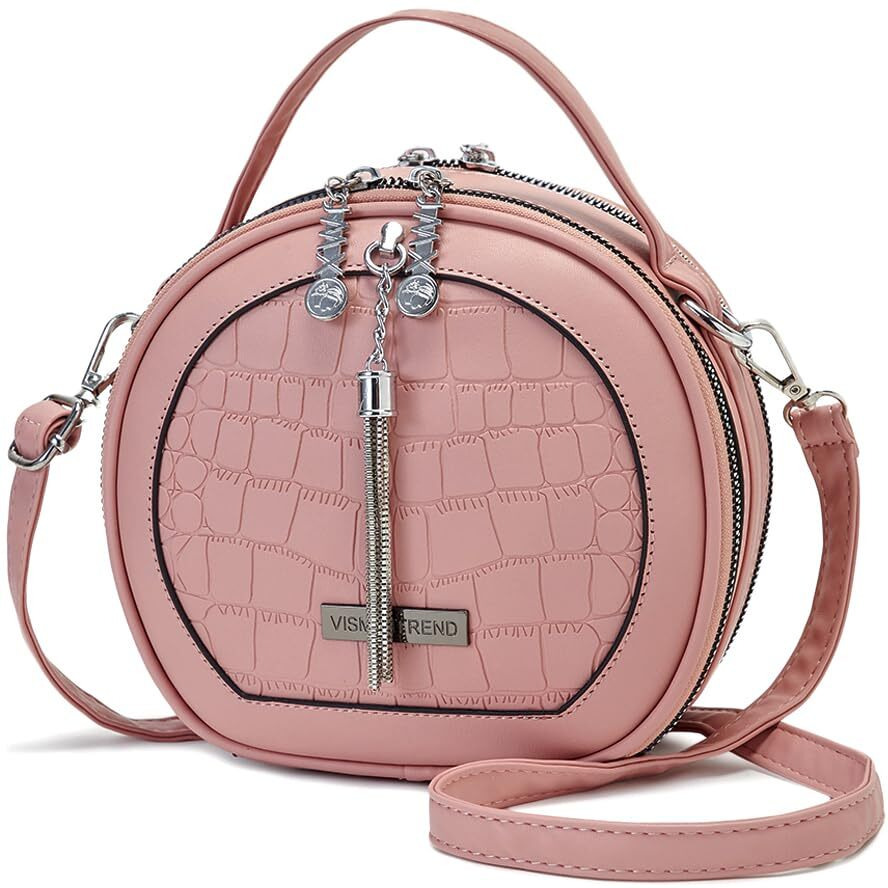 VISMIINTREND Stylish Pink Leather Round Cross Sling Bag for Women & Girls with adjustable strap, Small Casual Handbag for Travel, College| Birthday, Anniversary Gift for Wife, Rakhi Gifts for Sister