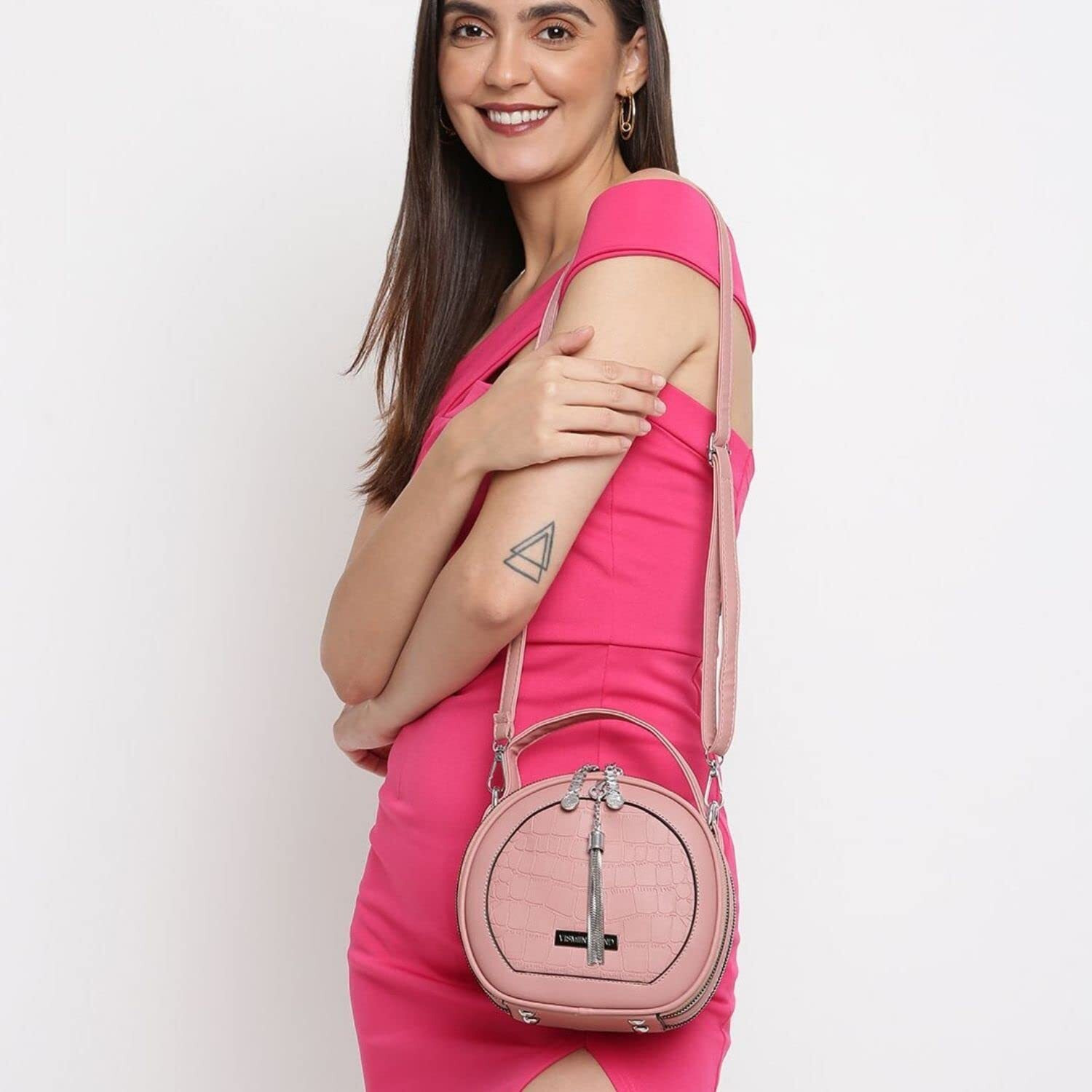 VISMIINTREND Stylish Pink Leather Round Cross Sling Bag for Women & Girls with adjustable strap, Small Casual Handbag for Travel, College| Birthday, Anniversary Gift for Wife, Rakhi Gifts for Sister