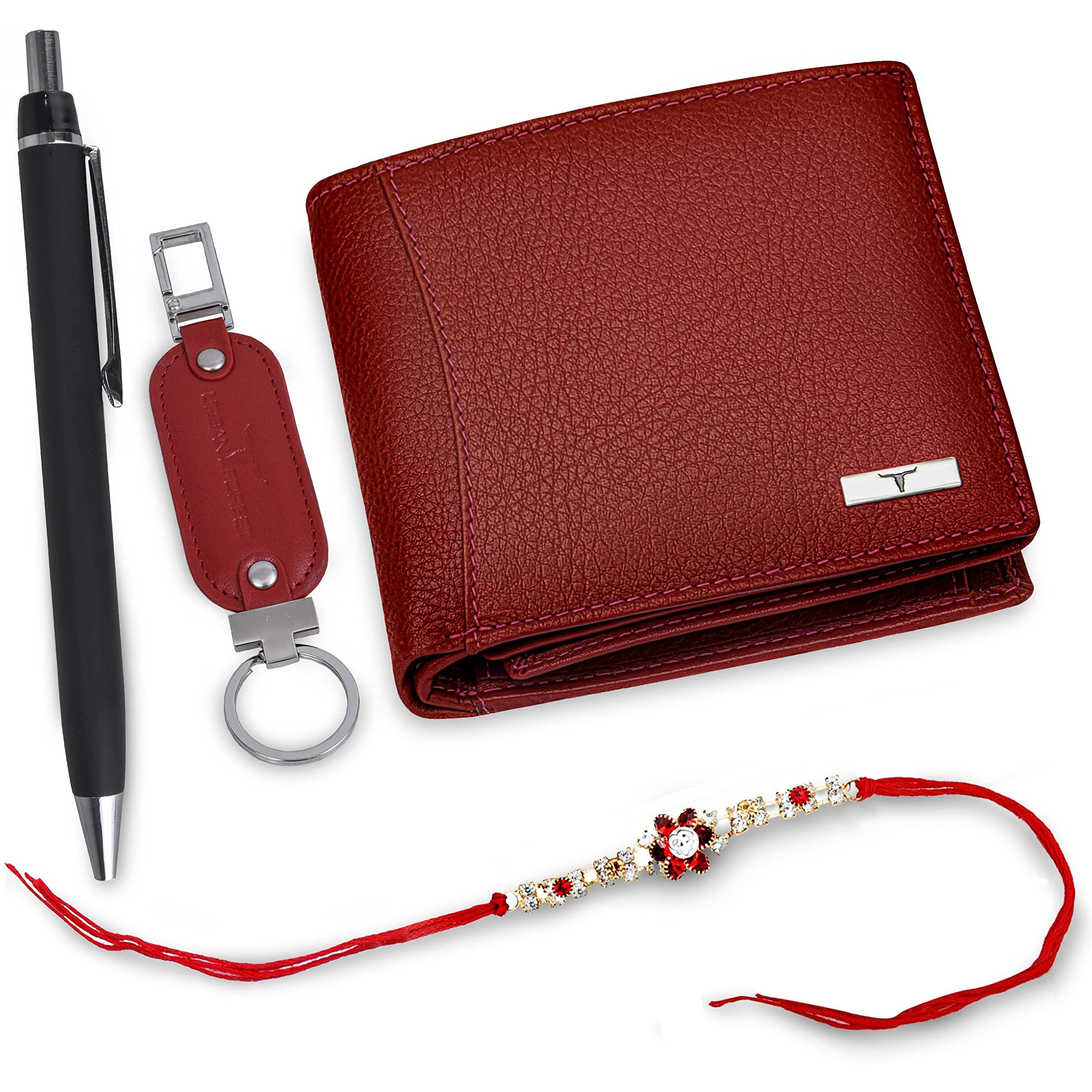 URBAN FOREST Rakhi Gift Hamper for Brother - Classic Red Mens Leather Wallet, Red Keyring, Pen and Rakhi Combo Gift Set for Brother - 4738