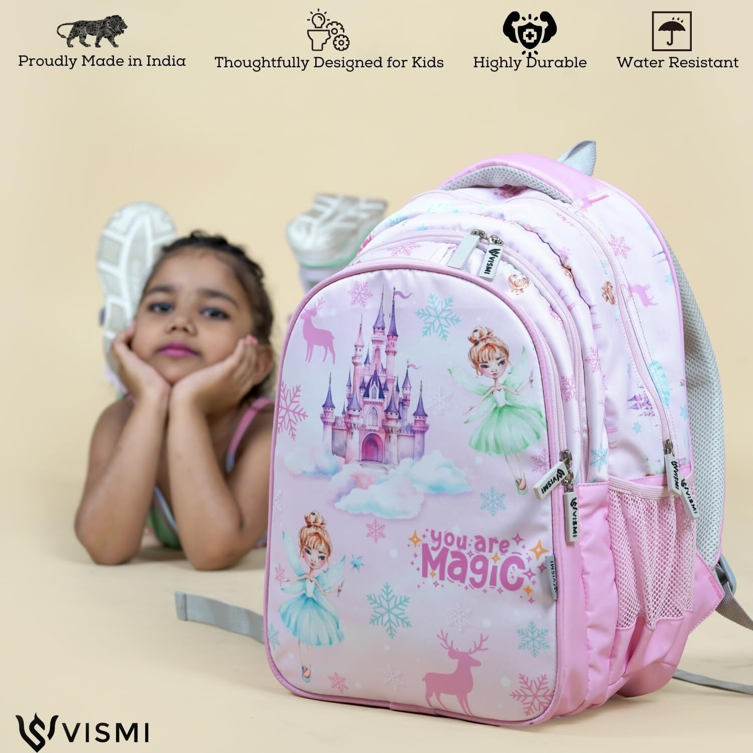 VISMIINTREND 36 Litres Pink Nylon Twill School Bags for Kids Boys & Girls| 16 Casual Backpack for Tuition, Birthday, Rakhi Gift for Brother, Sisters| Travel Daypack Fits Books (Princess)