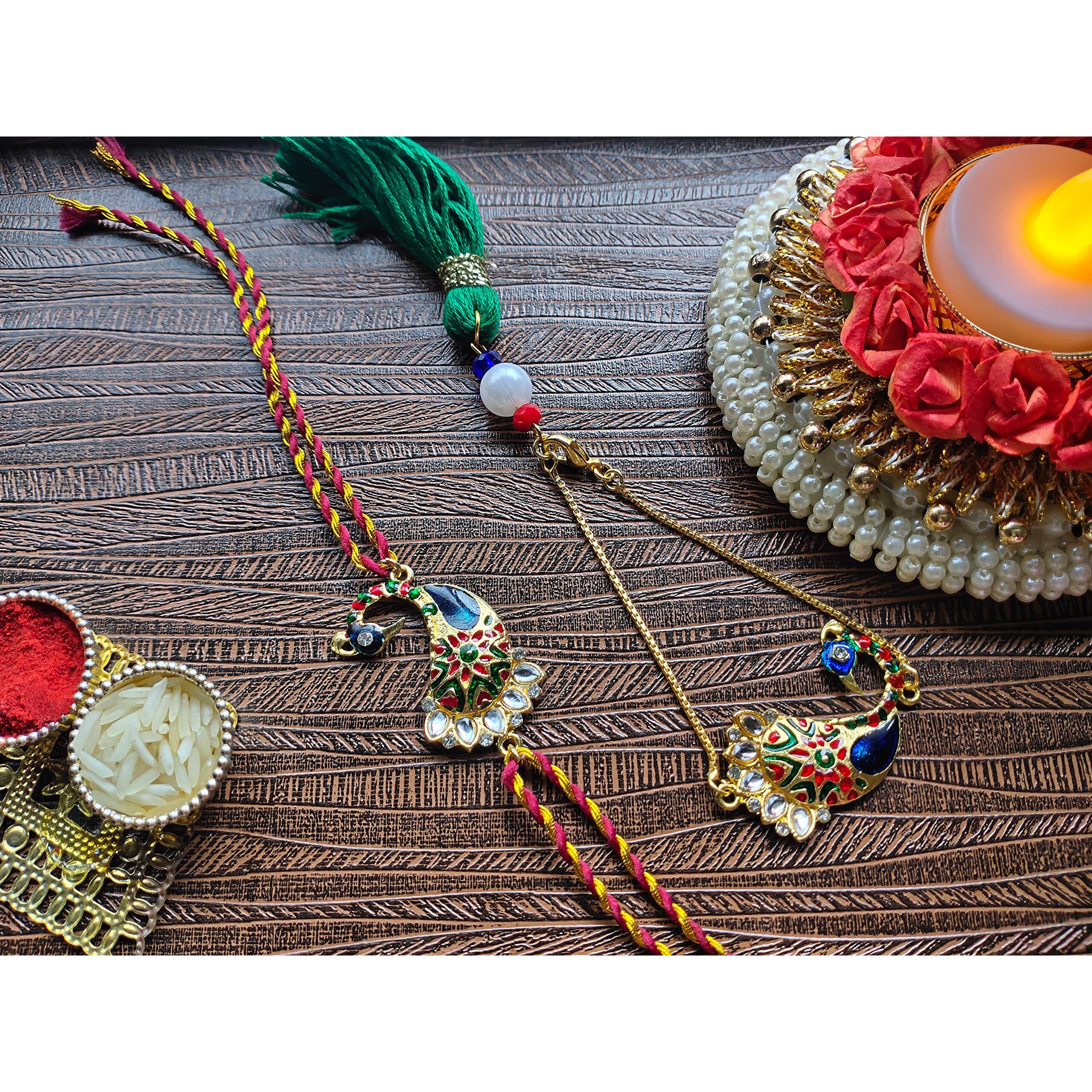 Mahi Peacock Shaped Meenakari Combo Multicolor Rakhi for Bhaiya and Bhabhi (RCOL1105344M)