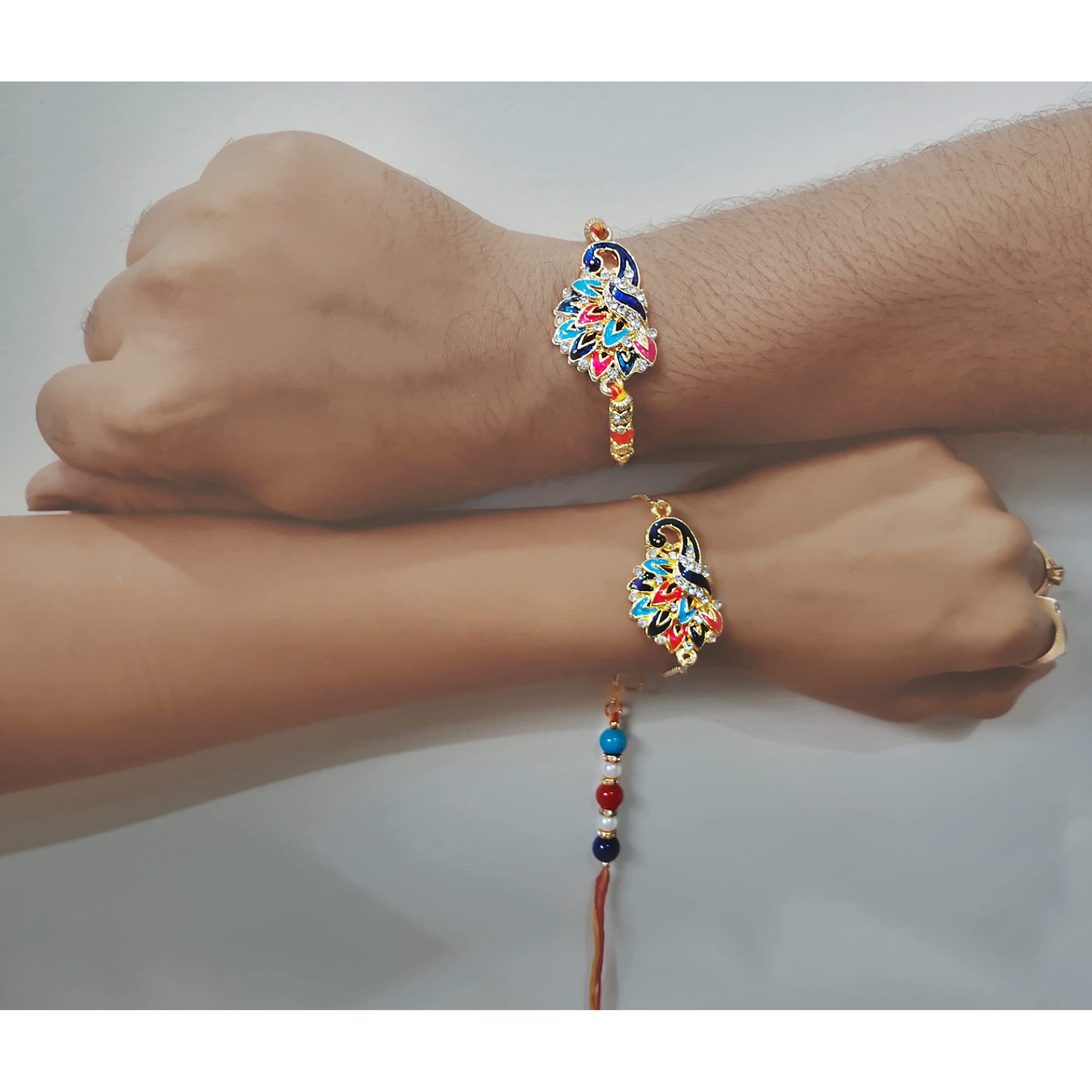 Mahi Peacock Shaped Meenakari Work Multicolor Rakhi Combo with Beads and Crystals for Bhai and Bhabhi (RCOL1105341M)