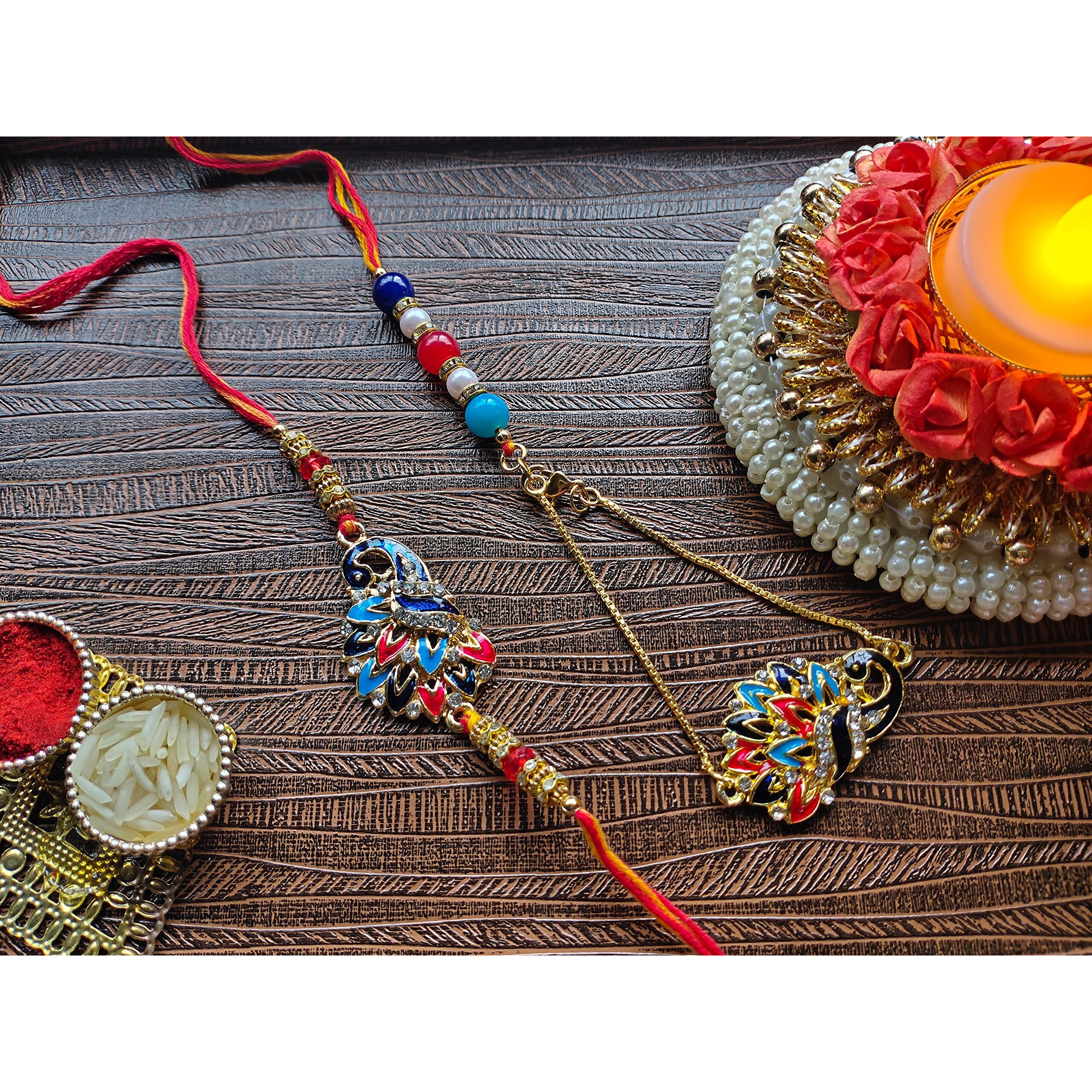 Mahi Peacock Shaped Meenakari Work Multicolor Rakhi Combo with Beads and Crystals for Bhai and Bhabhi (RCOL1105341M)