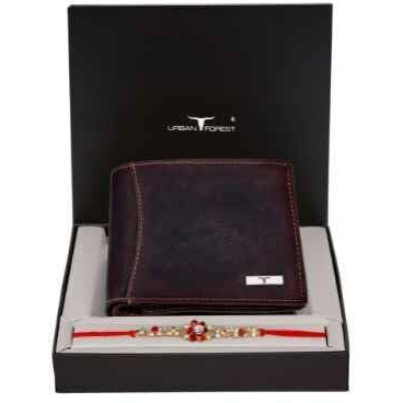 URBAN FOREST Rakhi Gift Hamper for Brother - Vintage Brown Leather Wallet & Rakhi Combo Gift Box - 4772