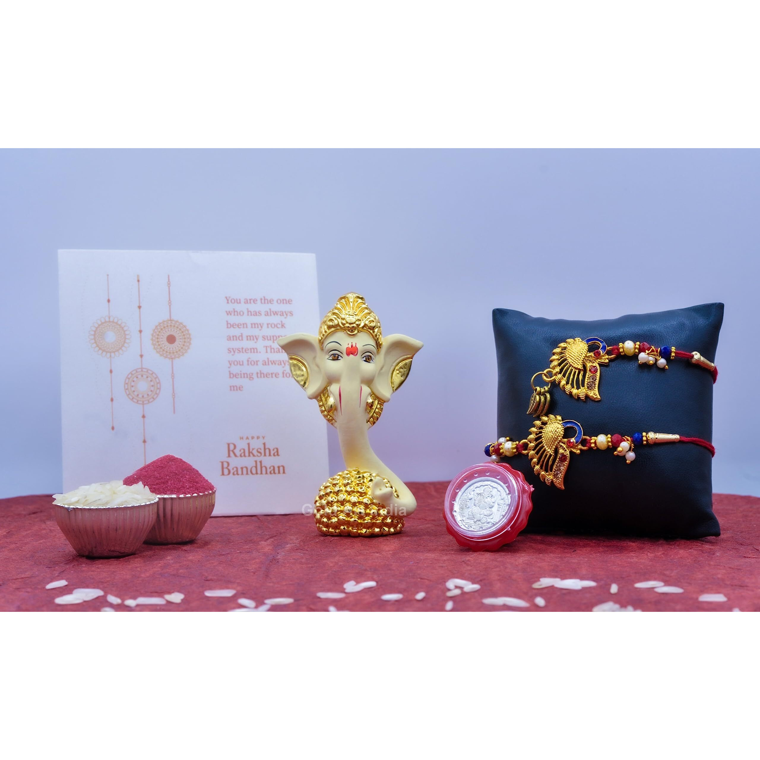 Gold Art India Ganesha & Free Rakhi Gift for Brother Rakhi Combo Set for Bhaiya and Lumba for Bhabhi with Roli and chawal, Silver Plated Coin,Greeting Card, Bhaiya Bhabhi Rakhi