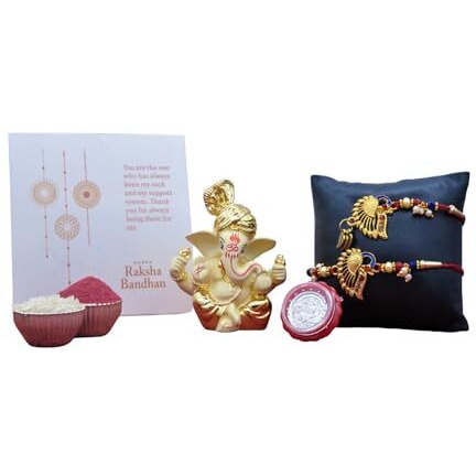 Gold Art India Rakhi for Brother Set of 2 With Gift Combo Tika Roli Chawal Ganesha Idol for Car Dashboard Greeting Card for Rakhi With Silver Coin Rakshabandhan Bhaiya Rakhi Pack Of 2 Set Figurine