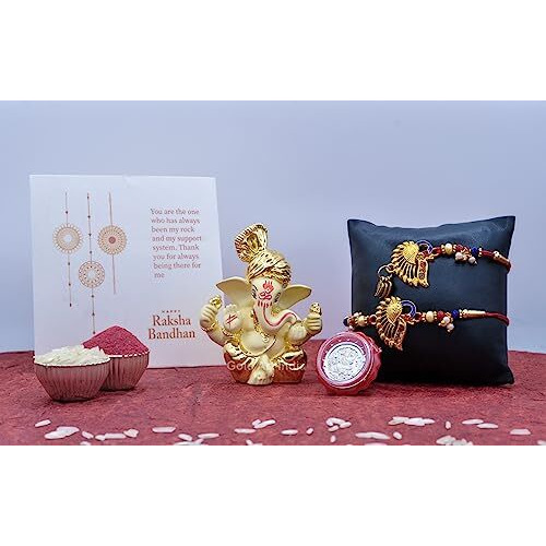 Gold Art India Rakhi for Brother Set of 2 With Gift Combo Tika Roli Chawal Ganesha Idol for Car Dashboard Greeting Card for Rakhi With Silver Coin Rakshabandhan Bhaiya Rakhi Pack Of 2 Set Figurine