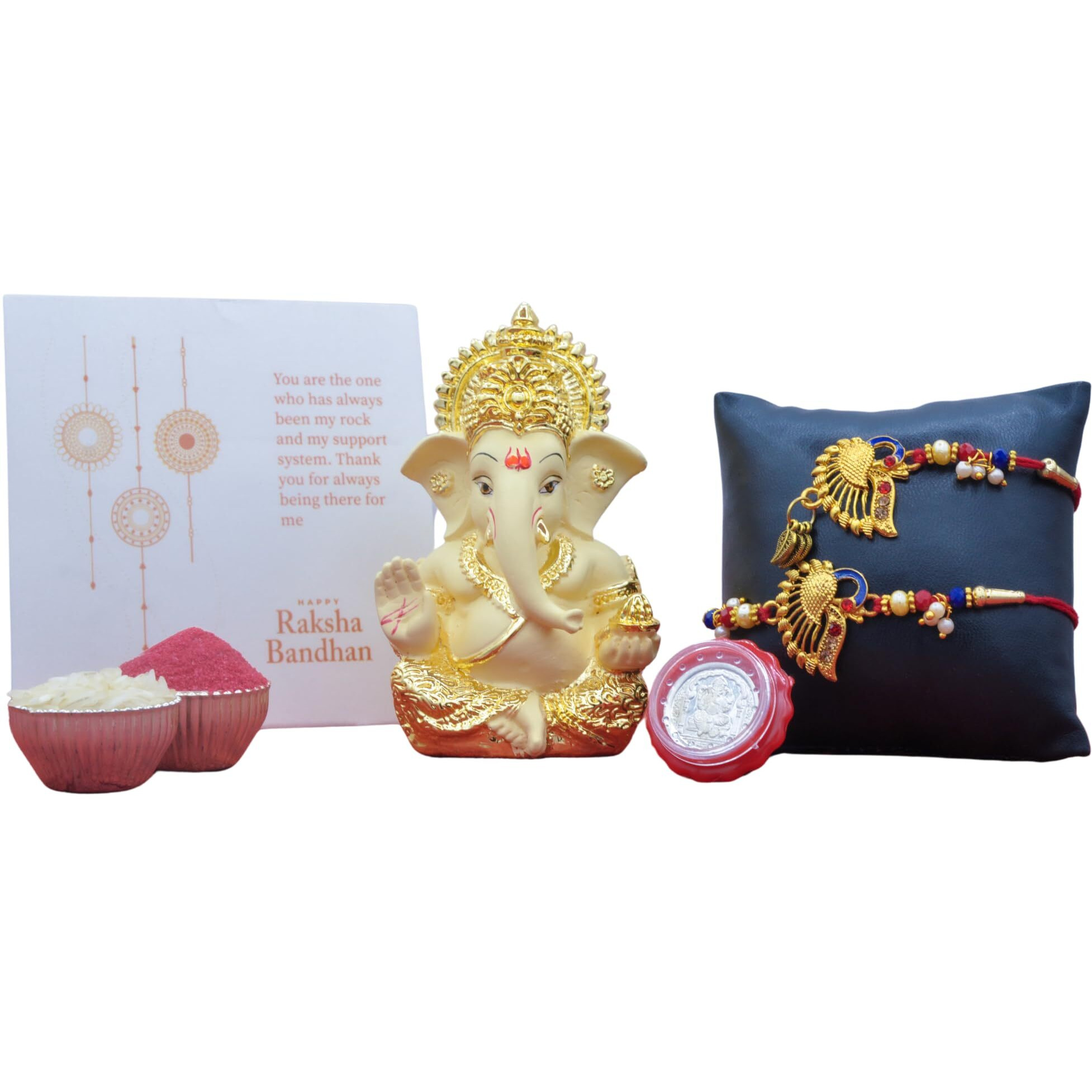 Gold Art India Ganesha & Free Rakhi Gift for Brother Rakhi Combo Set for Bhaiya and Lumba for Bhabhi with Roli and chawal, Silver Plated Coin,Greeting Card, Bhaiya Bhabhi Rakhi