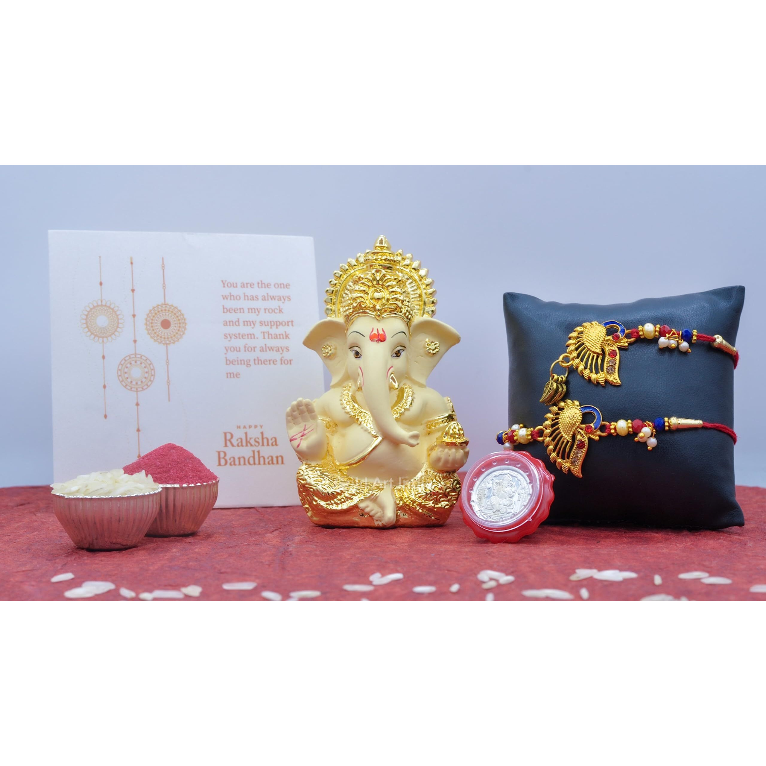 Gold Art India Ganesha & Free Rakhi Gift for Brother Rakhi Combo Set for Bhaiya and Lumba for Bhabhi with Roli and chawal, Silver Plated Coin,Greeting Card, Bhaiya Bhabhi Rakhi