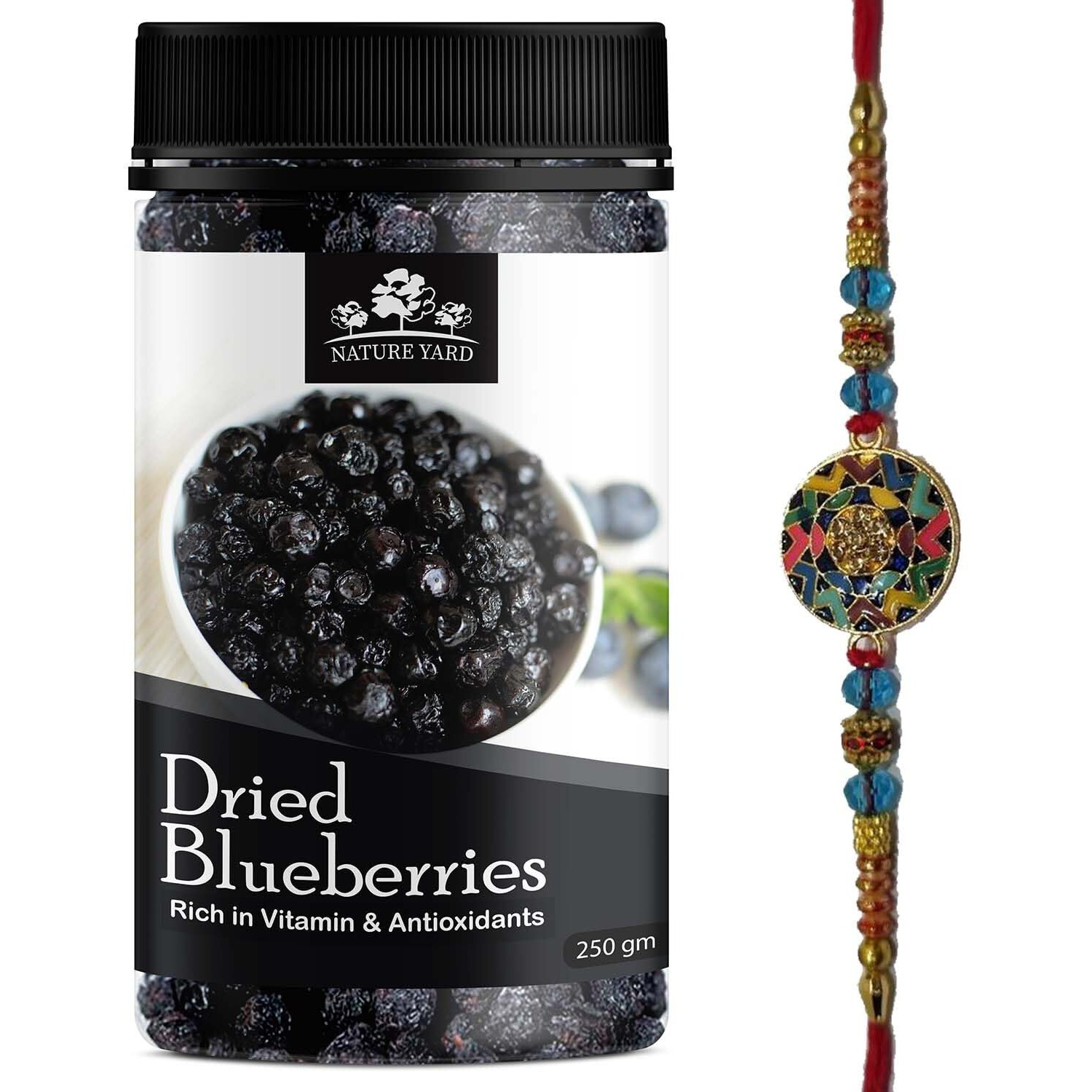 NATURE YARD Blueberry dry fruit With Rakhi Gift For Brother - 250gm + 1 Rakhi - Designer Multi Color Coin Rakhi Gifting Set