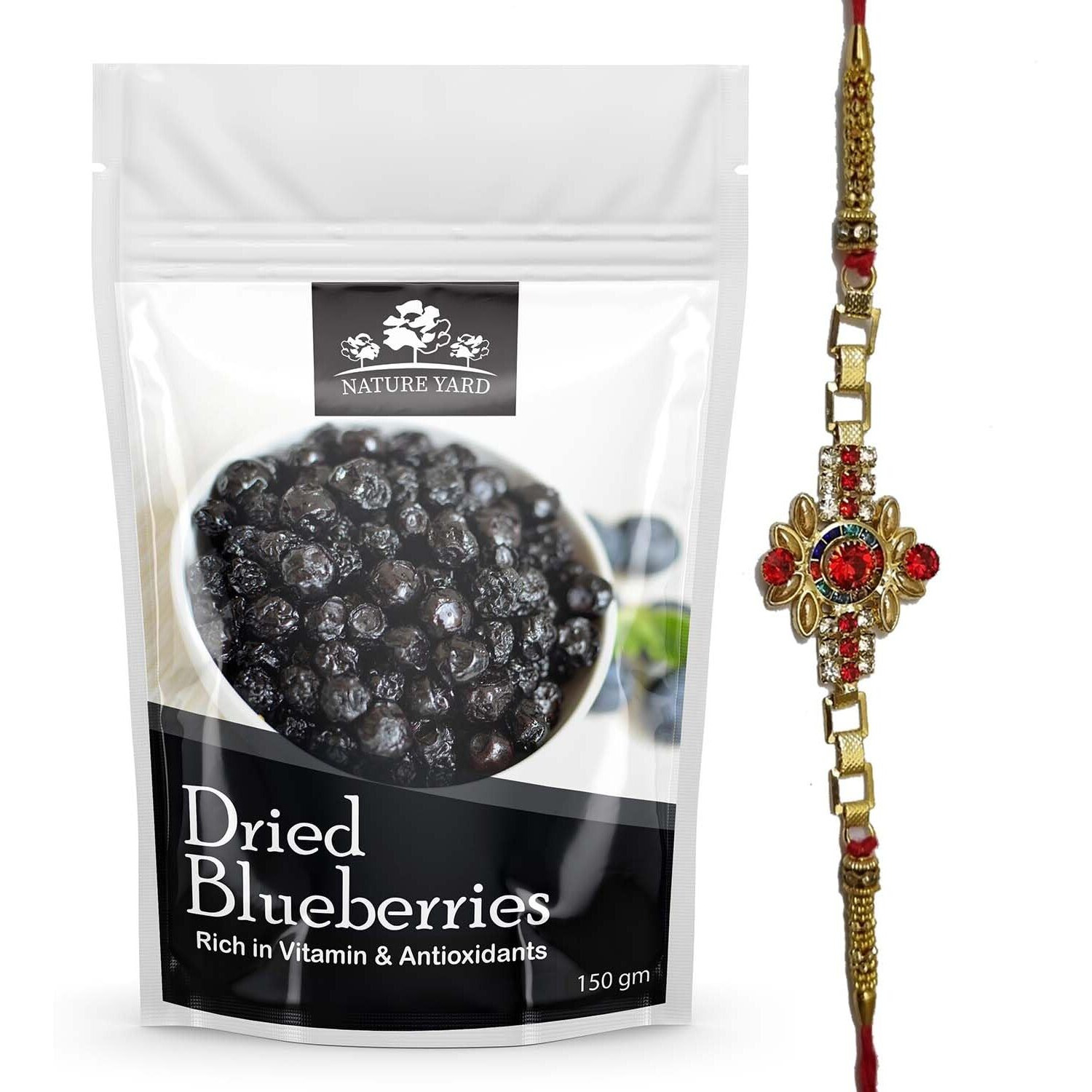 NATURE YARD Blueberry dry fruit With Rakhi Gift For Brother - 150gm + 1 Rakhi - Designer Red Stone Rakhi Gifting Set