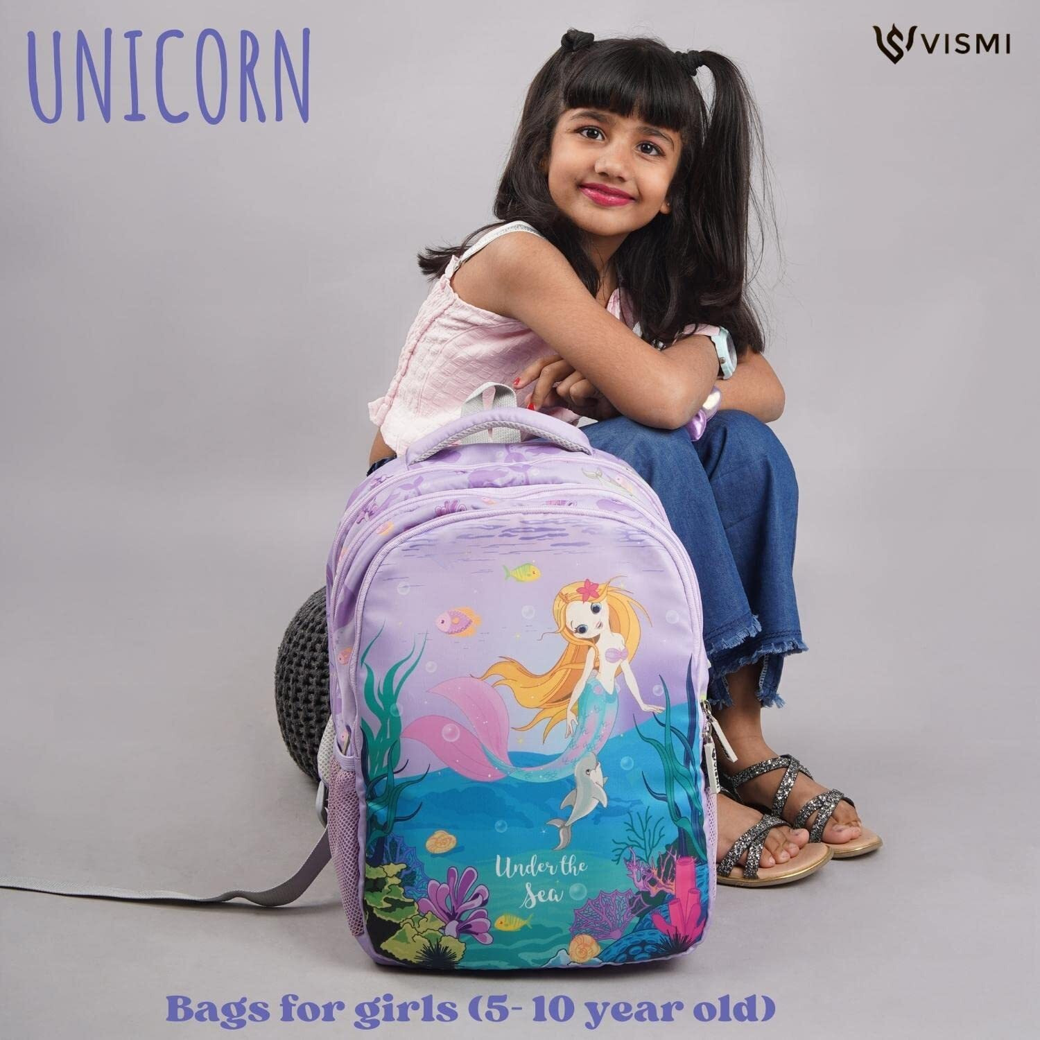 VISMIINTREND Customized School Bags 16 Backpack for Kids Boys & Girls (5-10 Years)| Cartoon Print Daypack for Preschool, KG, Nursery, Picnic, Birthday, Rakhi gift for Sister/Brother (Mermaid)