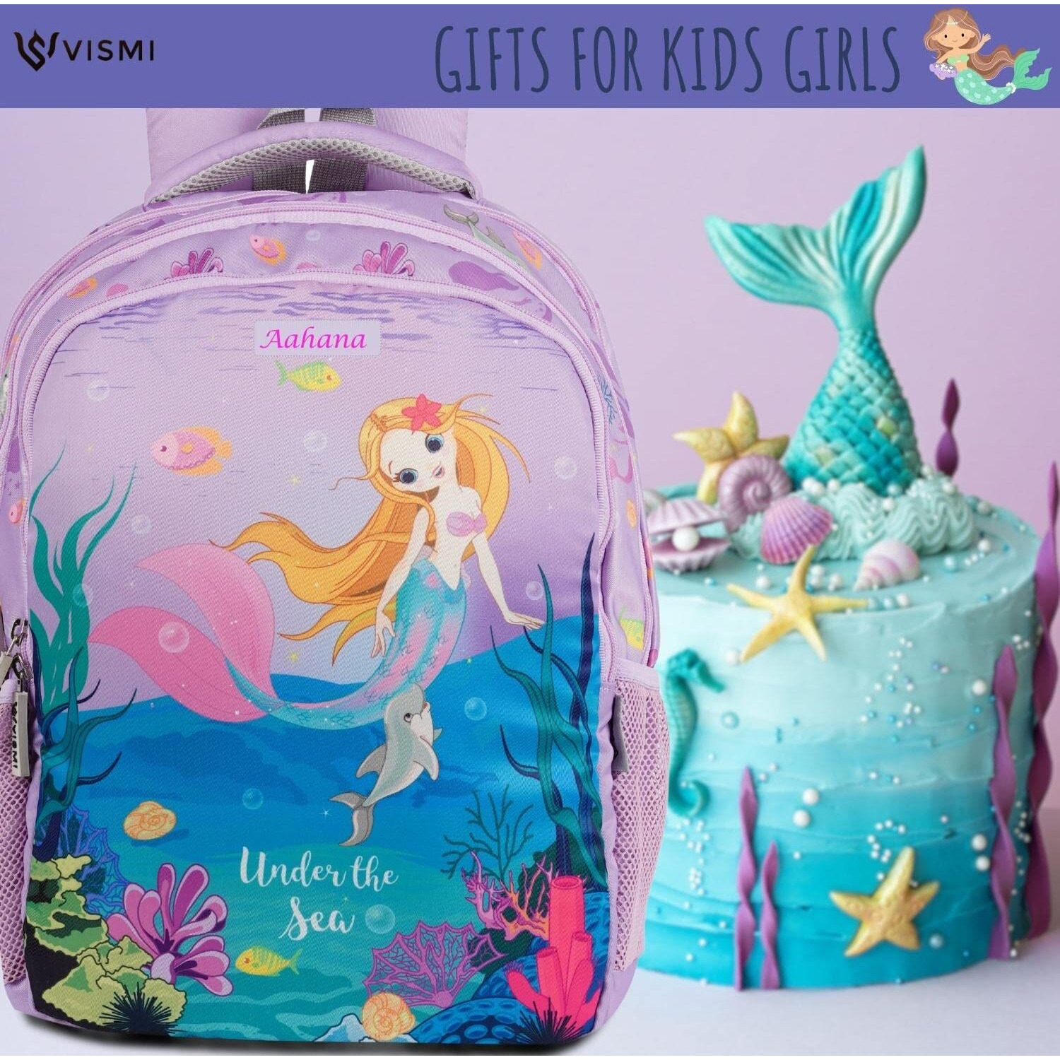 VISMIINTREND Customized School Bags 16 Backpack for Kids Boys & Girls (5-10 Years)| Cartoon Print Daypack for Preschool, KG, Nursery, Picnic, Birthday, Rakhi gift for Sister/Brother (Mermaid)