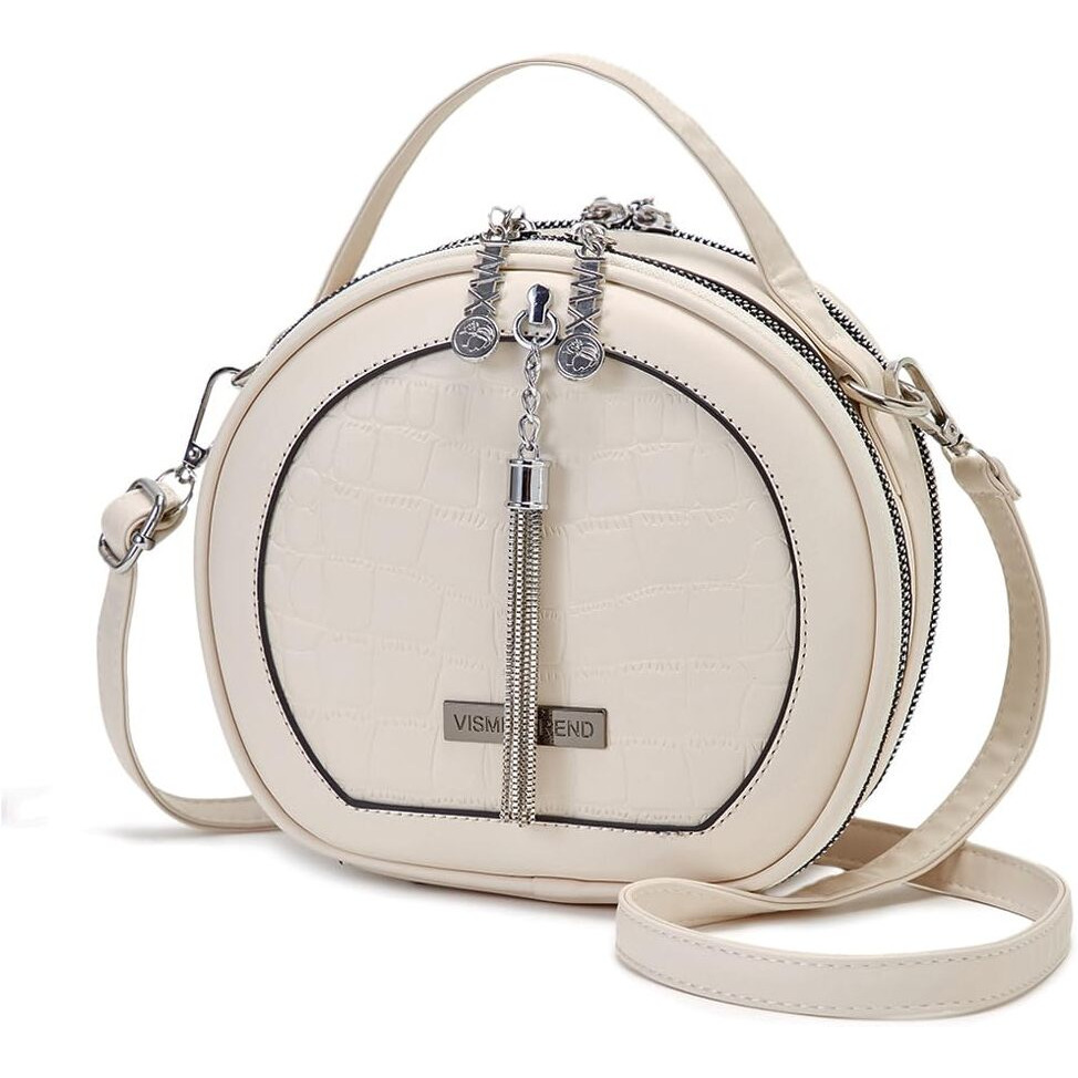 VISMIINTREND White Leather Round Crossbody Sling Bag for Women & Girls with adjustable strap, Small Casual Handbag for Travel, College| Birthday, Anniversary Gift for Wife, Rakhi Gifts for Sister