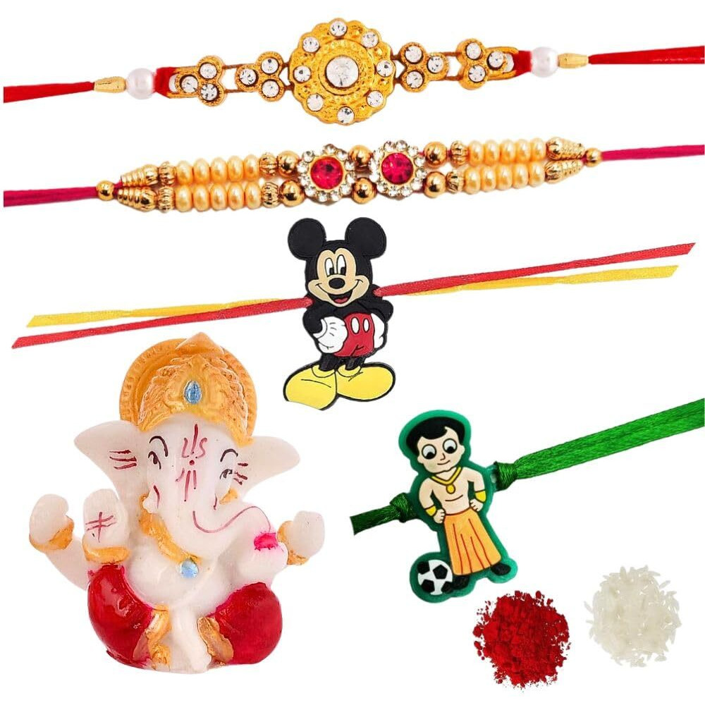 CraftVatika Rakhi Gift for Brother and Bhabhi Kids - Rakhi Combo Rakhi Set of 4 for Brother Bhaiya Bhabhi and Kids | Rakhi For brother with Gift Ganesha Showpiece Gift Premium AD Work Stone Rakhi Pearl Rakhi